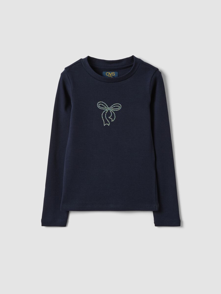 T-shirt blu in cotone organico elasticizzato con stampa per bambina_0