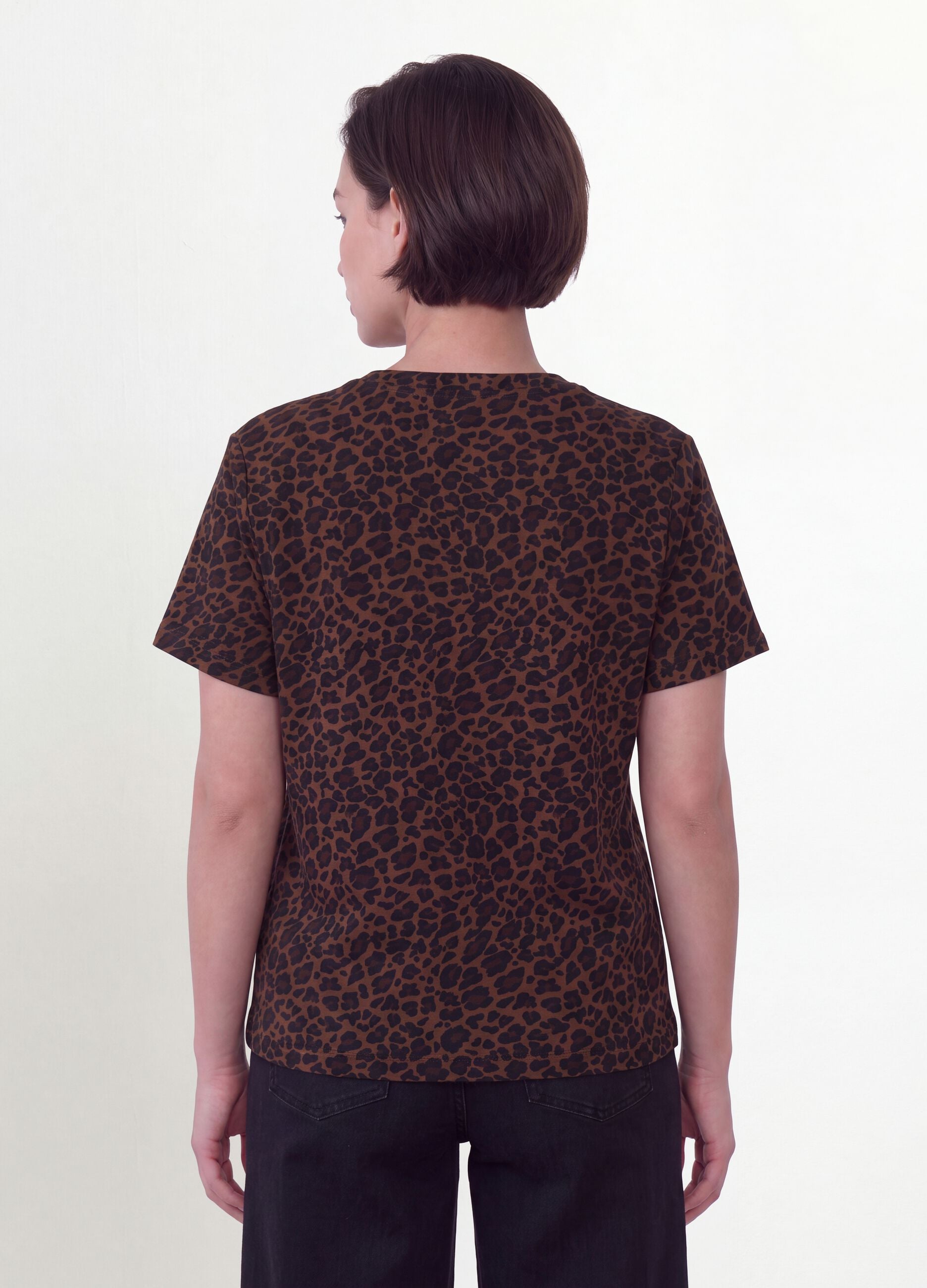 Brown pure viscose blouse with Mandarin collar and animal print, regular fit