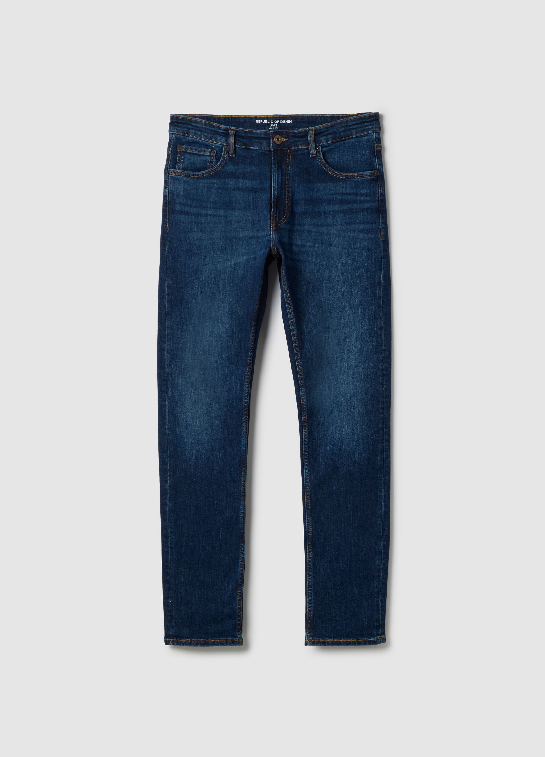 Slim fit blue stretchy cotton jeans with five pockets