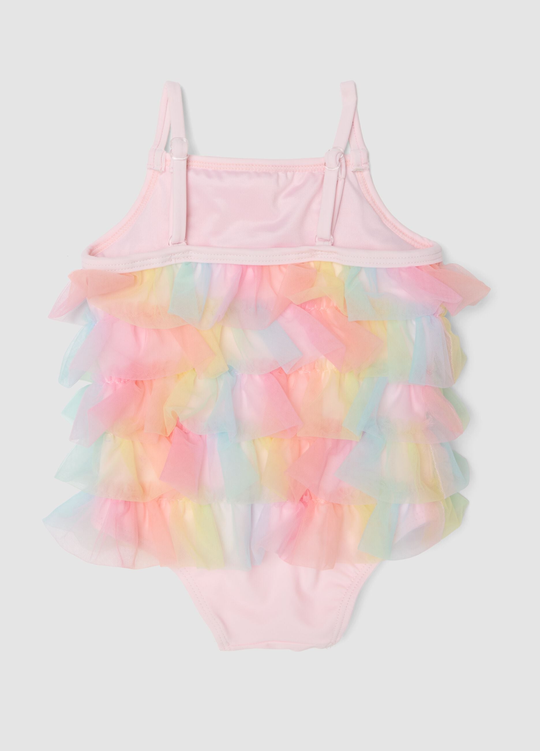 Costume intero rosa con volant in tulle per neonata