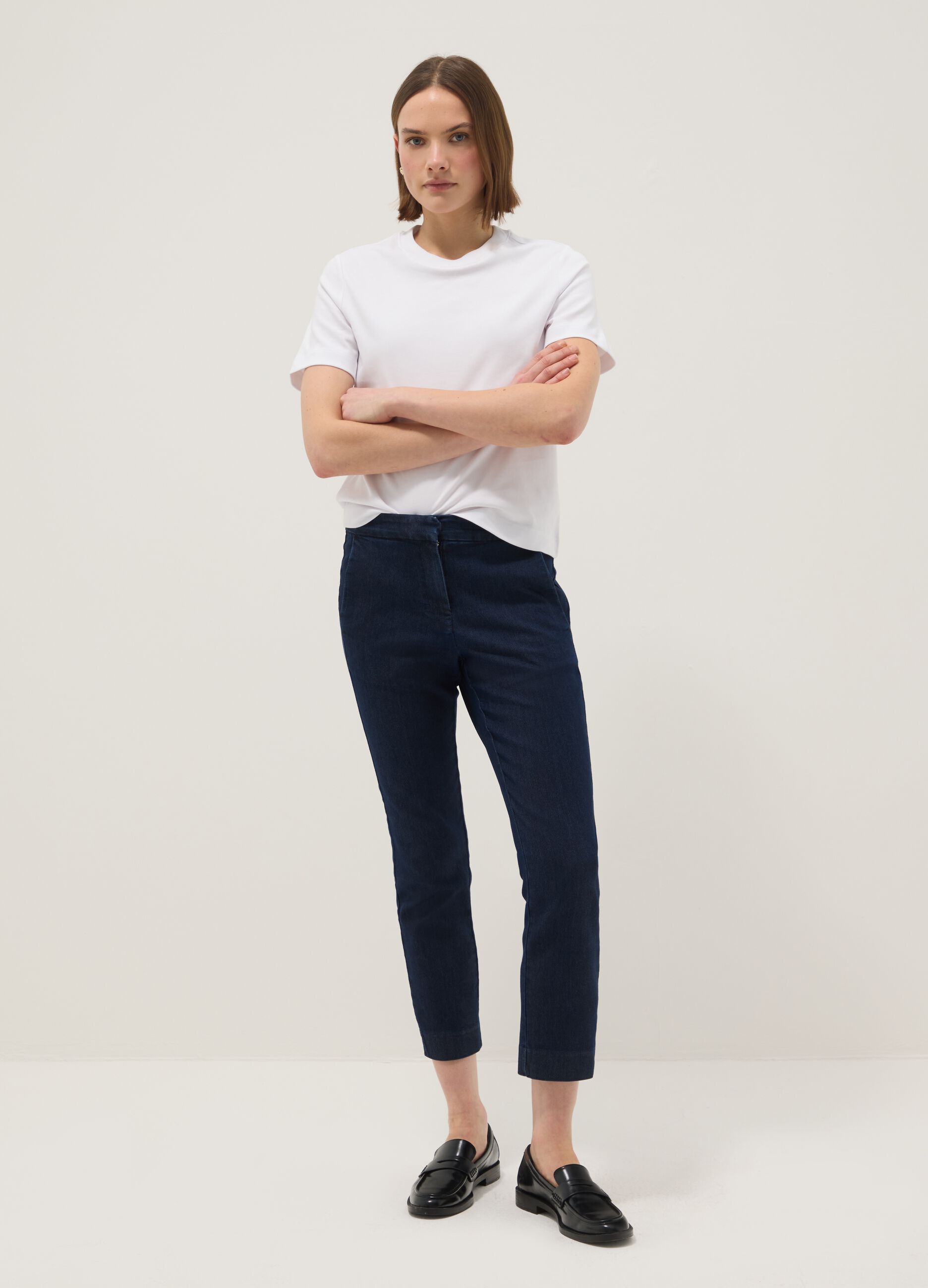 Blue slim fit stretch denim cotton blend trousers