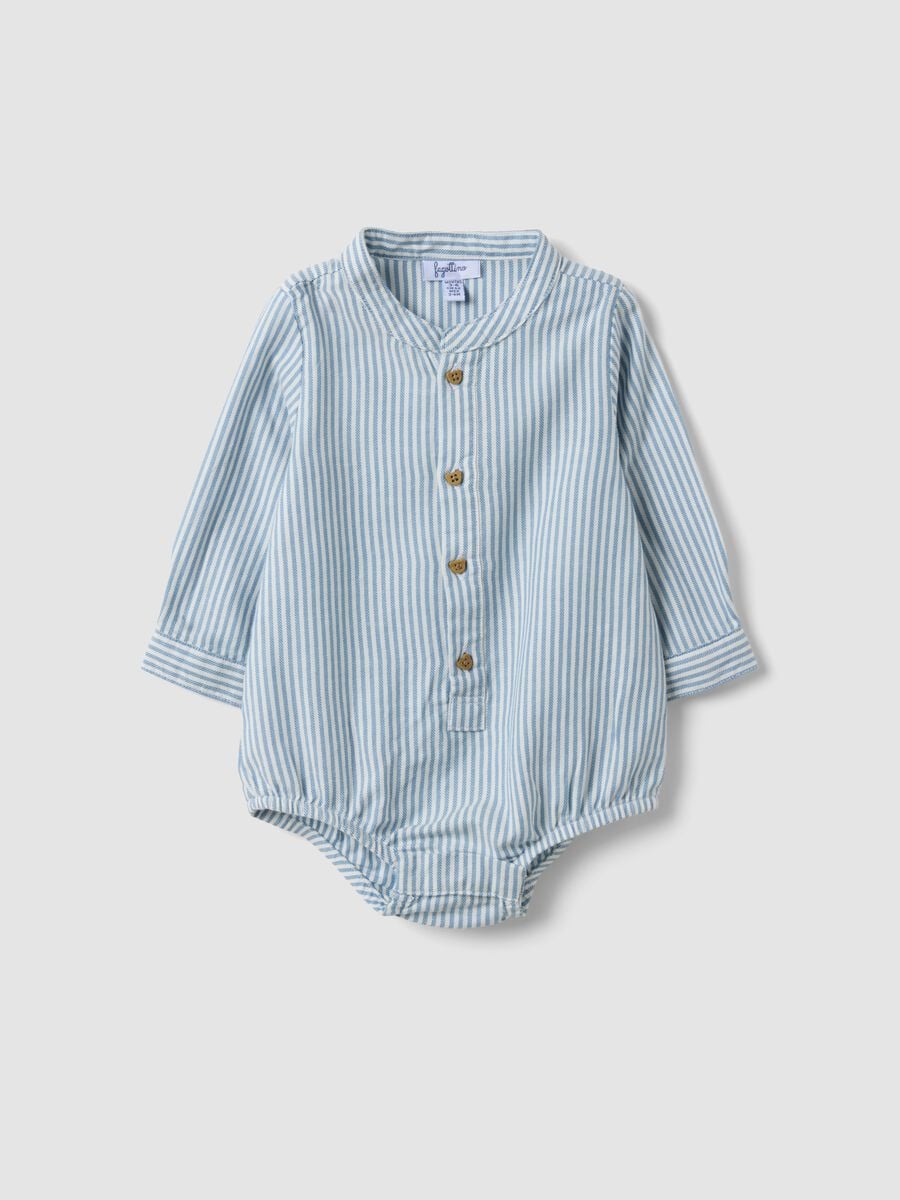 Blue striped pure cotton baby bodysuit with mandarin collar_0
