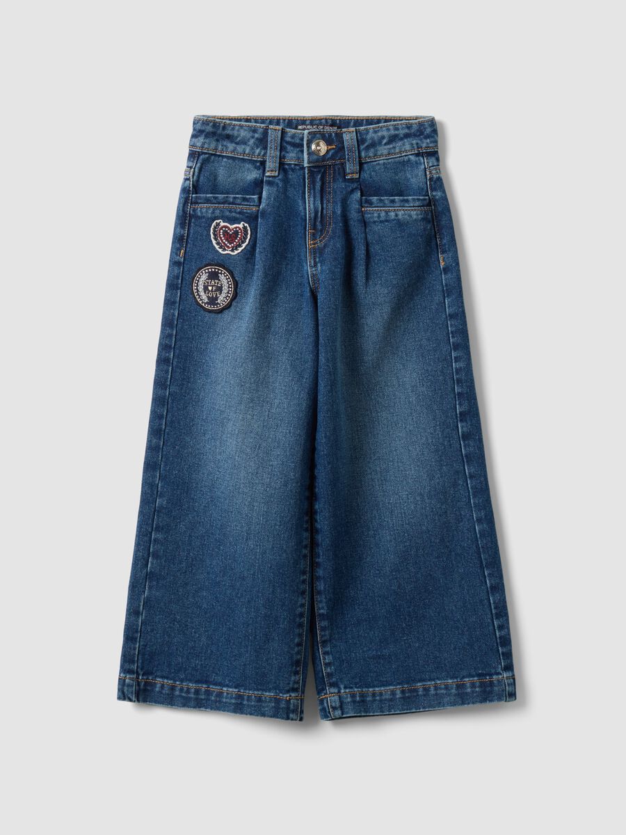 Jeans blu wide leg in puro cotone con patch per bambina_0