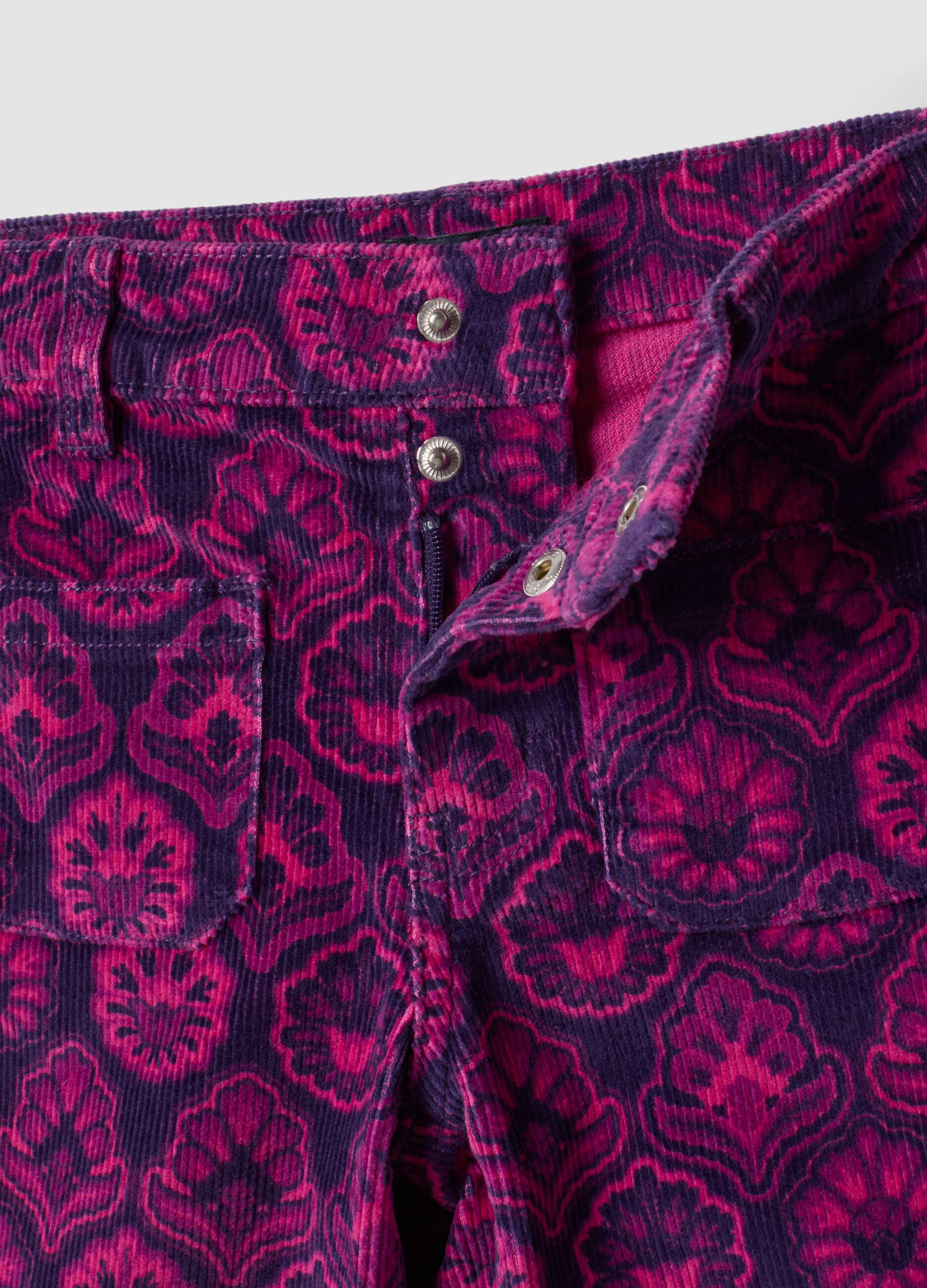 Purple flared ribbed stretch-cotton trousers with floral print