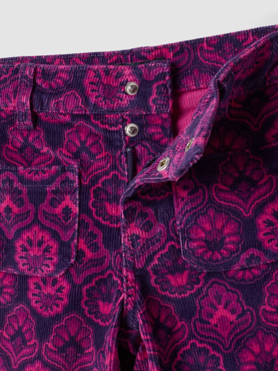 Purple flared ribbed stretch-cotton trousers with floral print_1