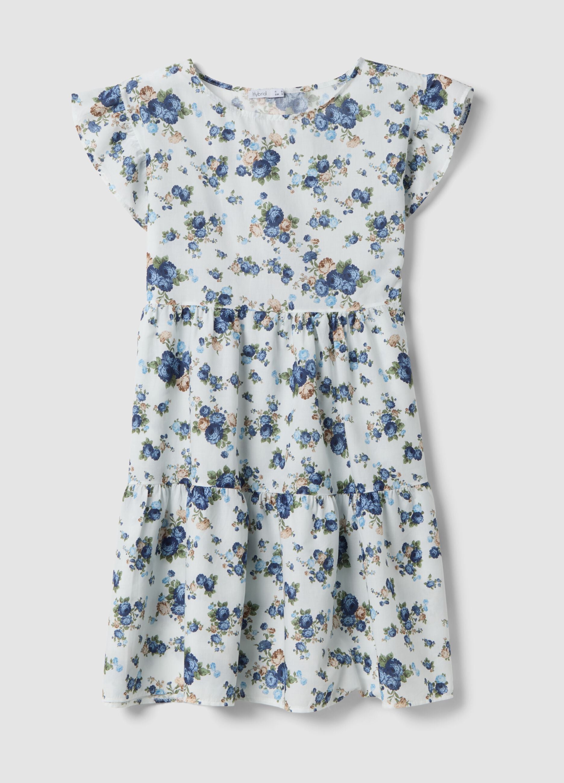 White pure cotton floral dress with ruffle sleeves