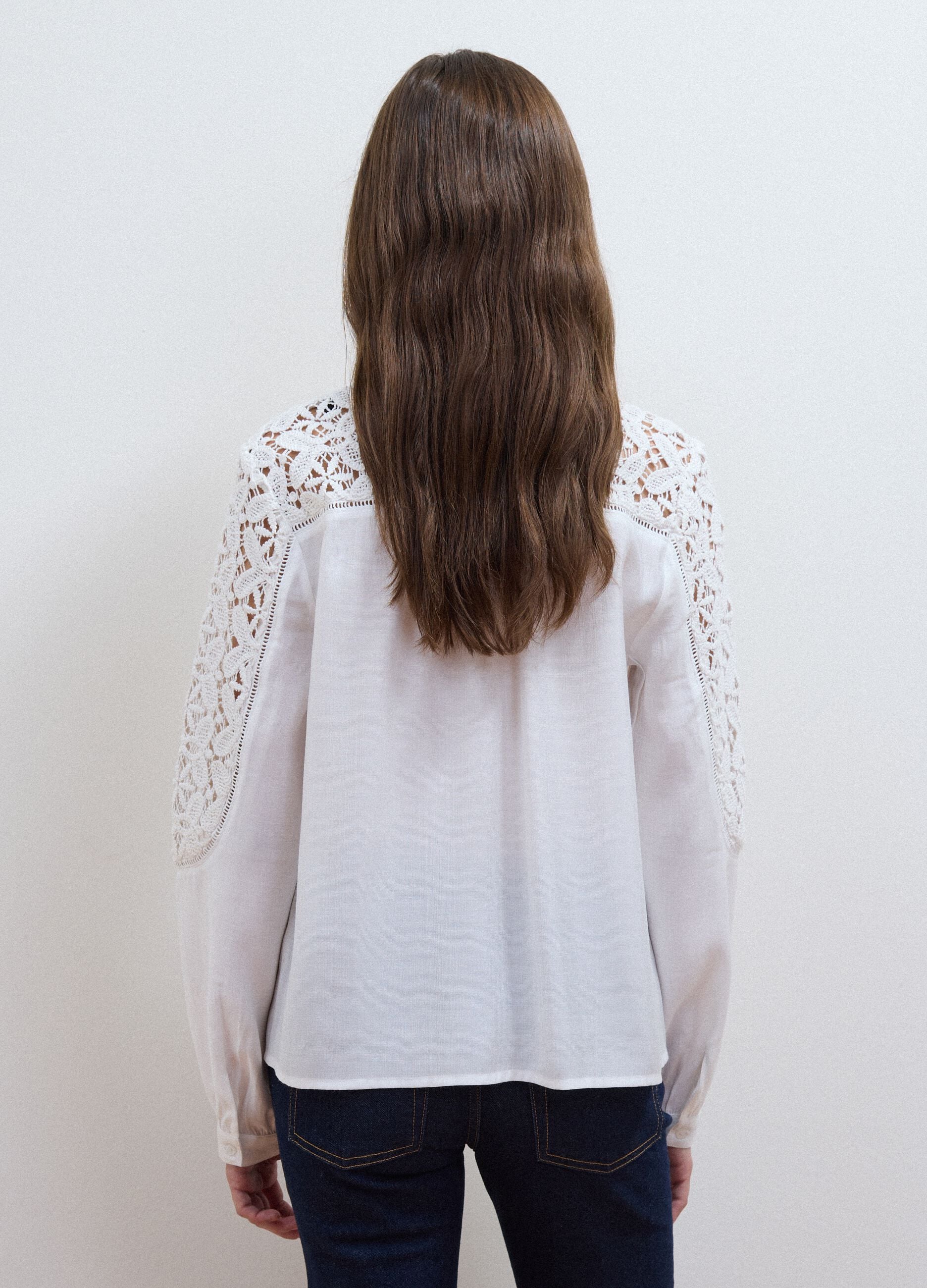 White regular-fit viscose-blend shirt with lace inserts