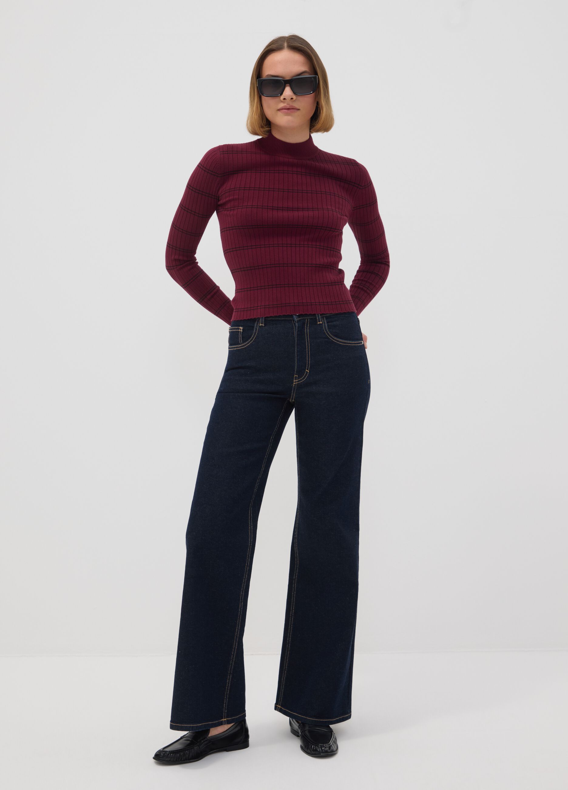 Dark red viscose-blend fitted jumper with funnel neck