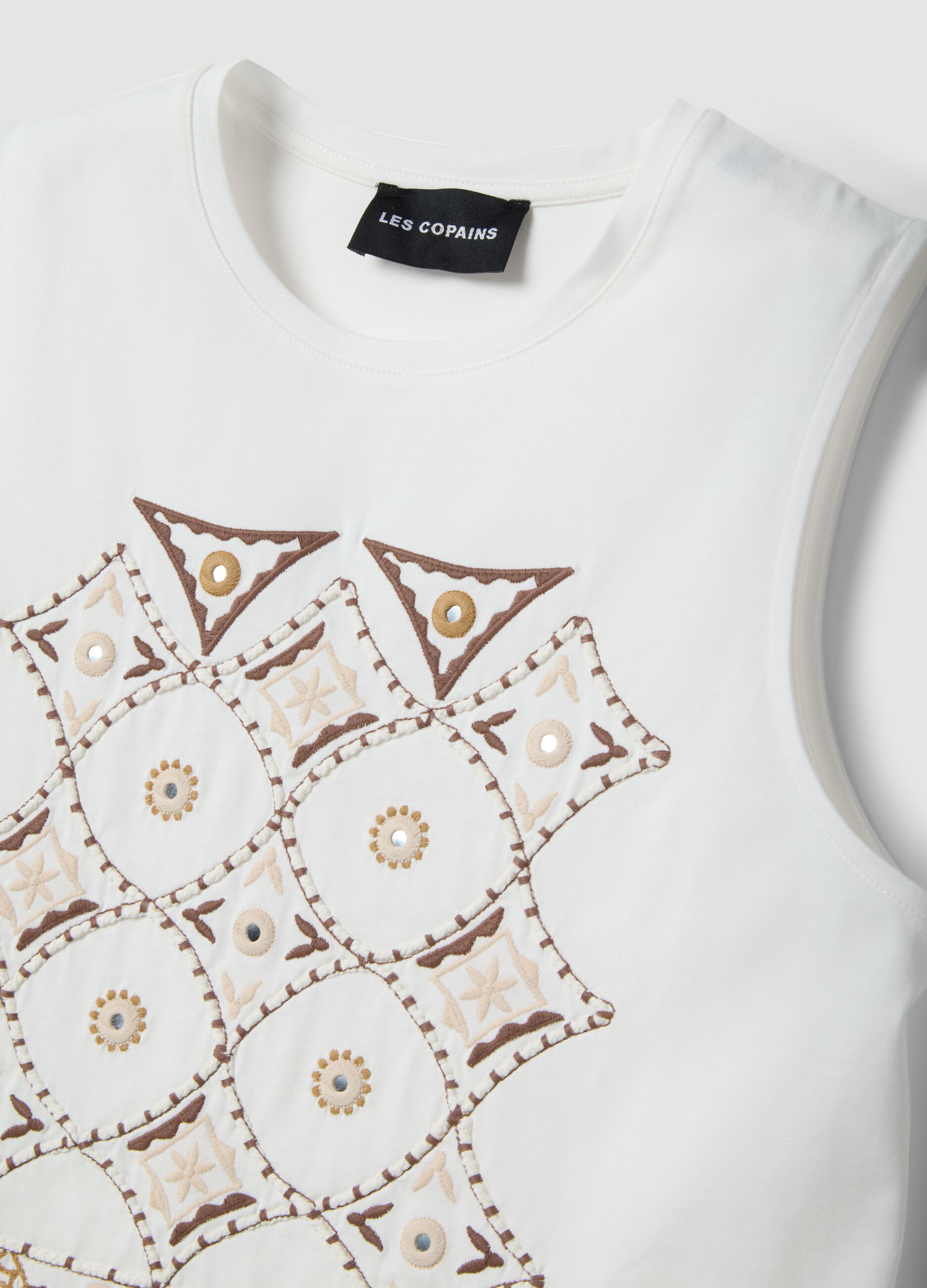 White cotton tank top with regular fit and embroidery