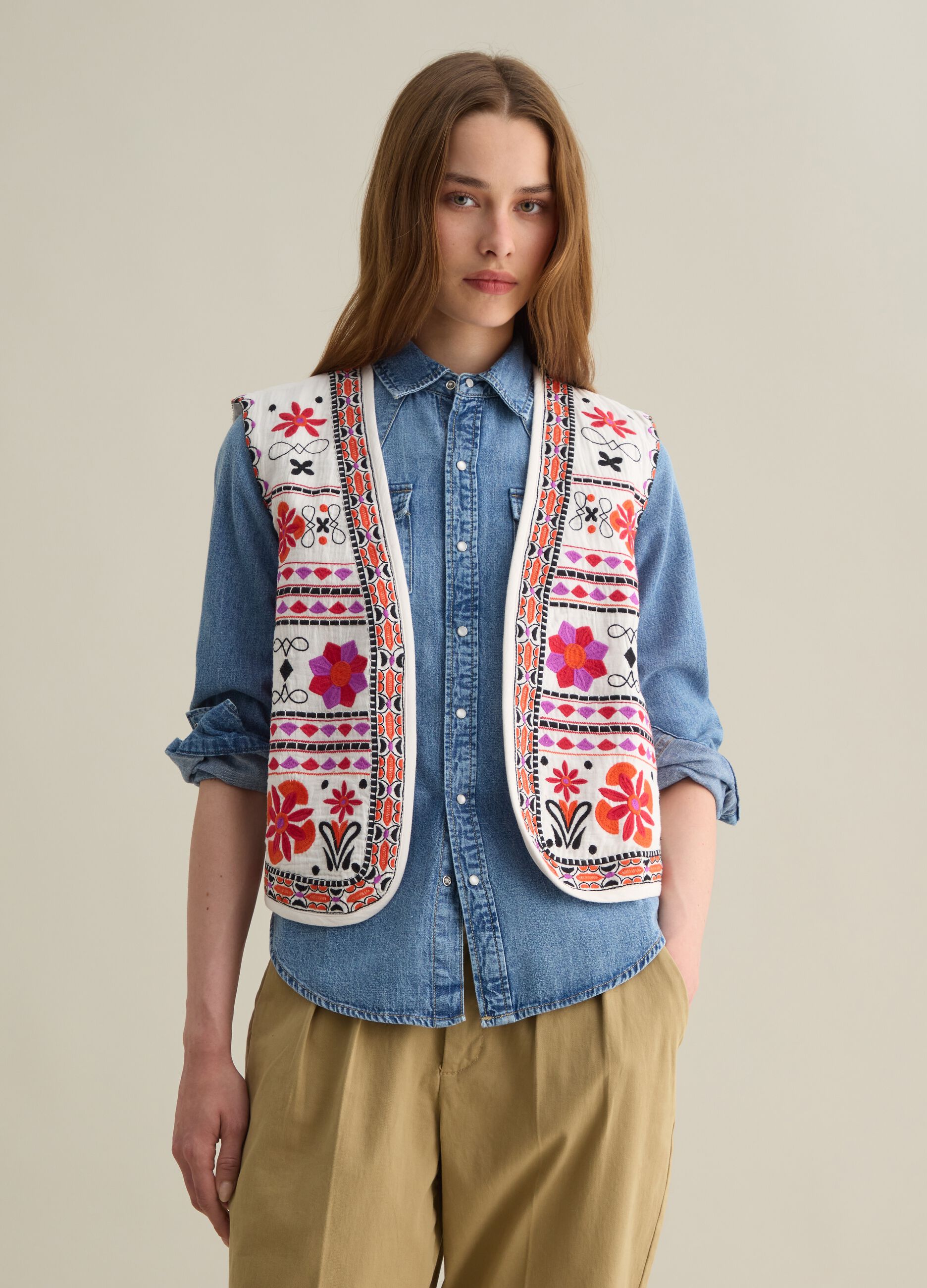 Gilet da donna in puro cotone multicolor regular fit con chiusura zip