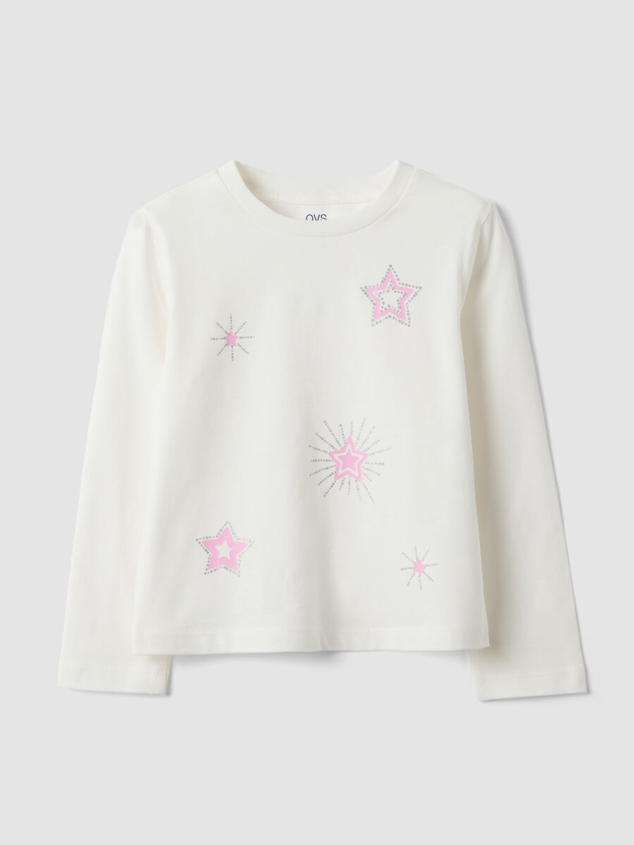 T-shirt bianca in puro cotone organico con stampa stelline per bambina_0