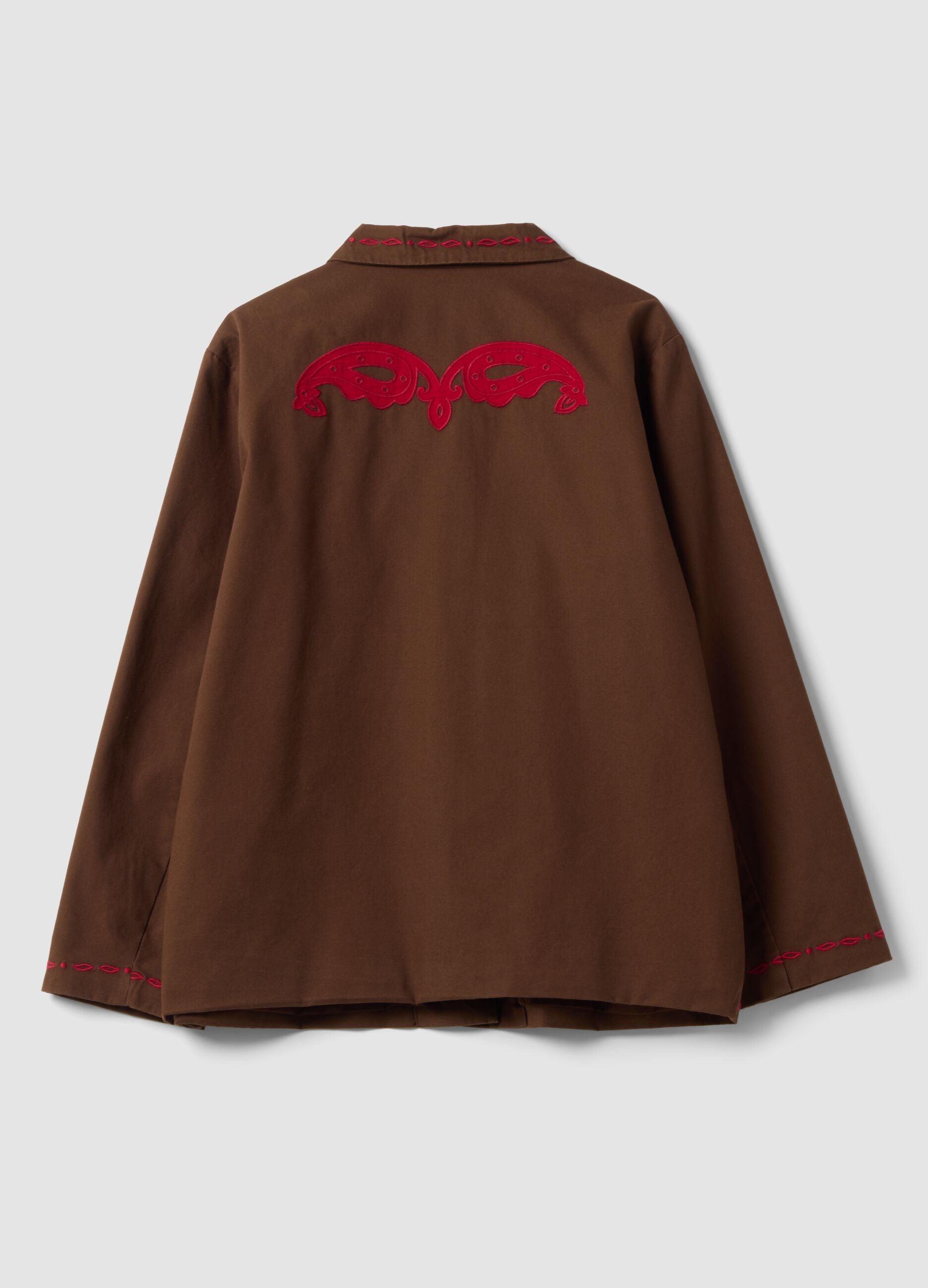 Brown pure cotton shacket with contrasting embroidery, regular fit