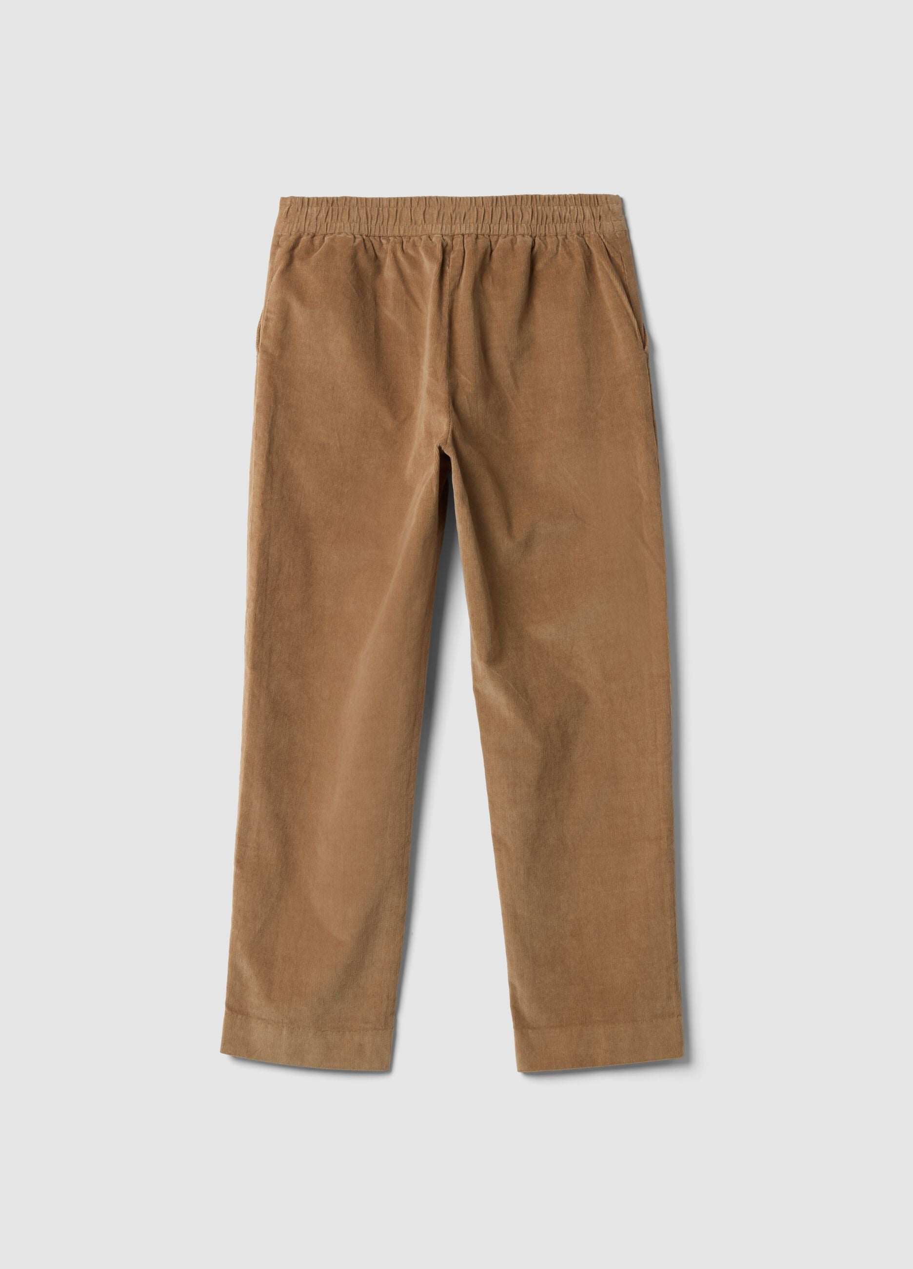 Beige ribbed stretch cotton trousers with elasticated waistband