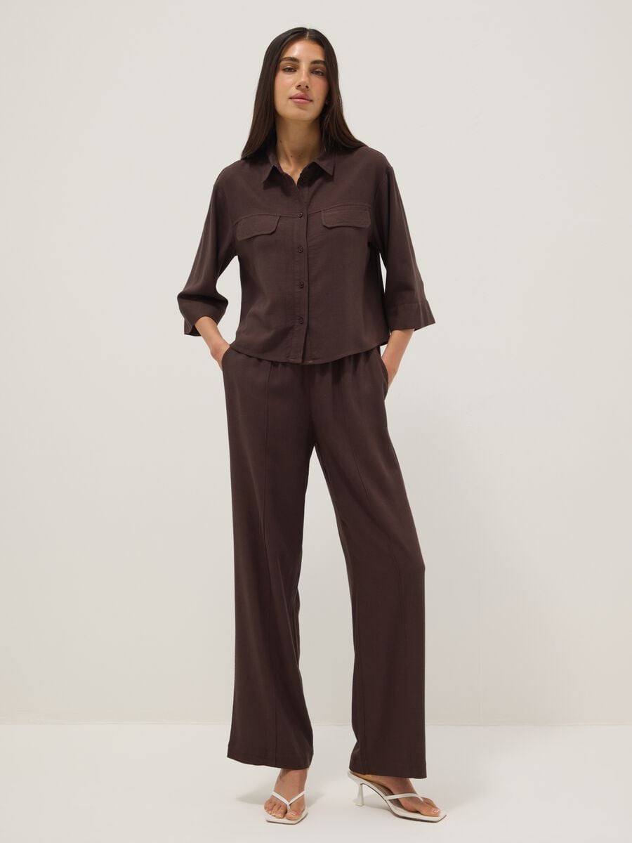 Brown viscose and linen-blend straight-fit trousers_0