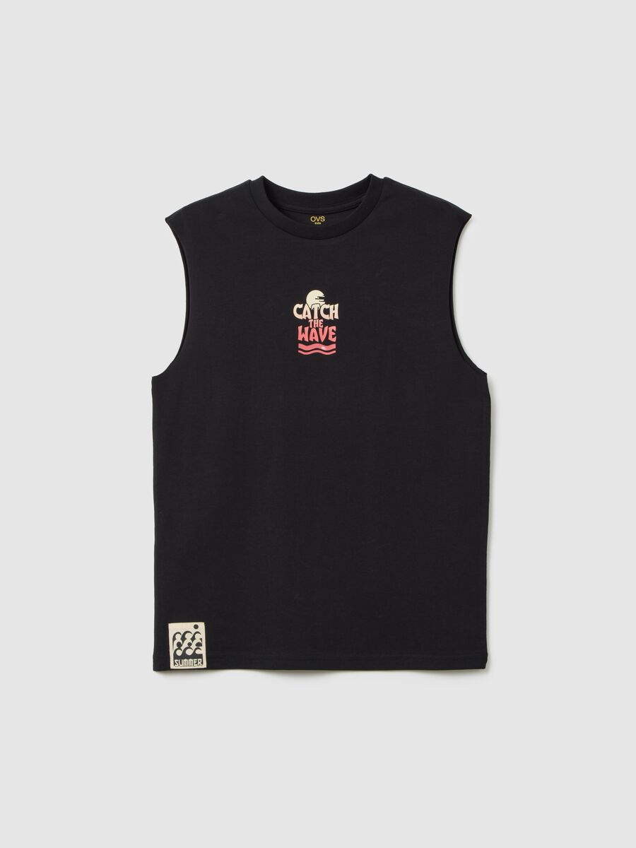 Canotta da ragazzo in puro cotone nero regular fit con stampa _0