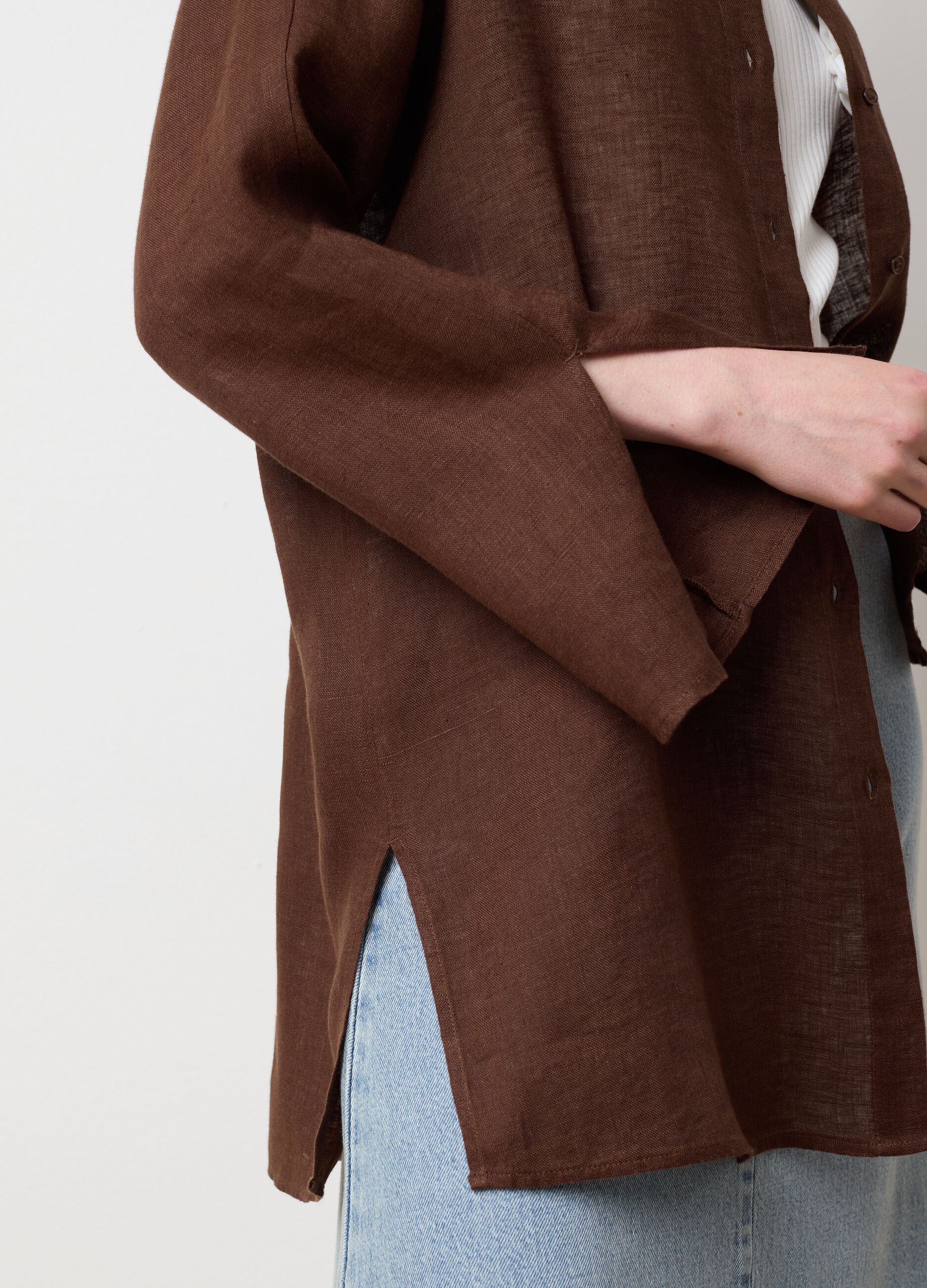 Women's long brown linen oversized shirt