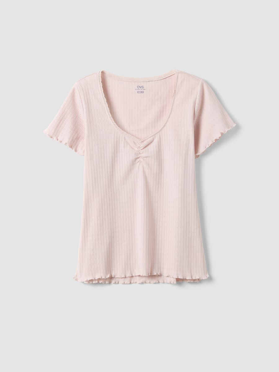 Pigiama in puro cotone rosa regular fit con dettagli arricciati_4