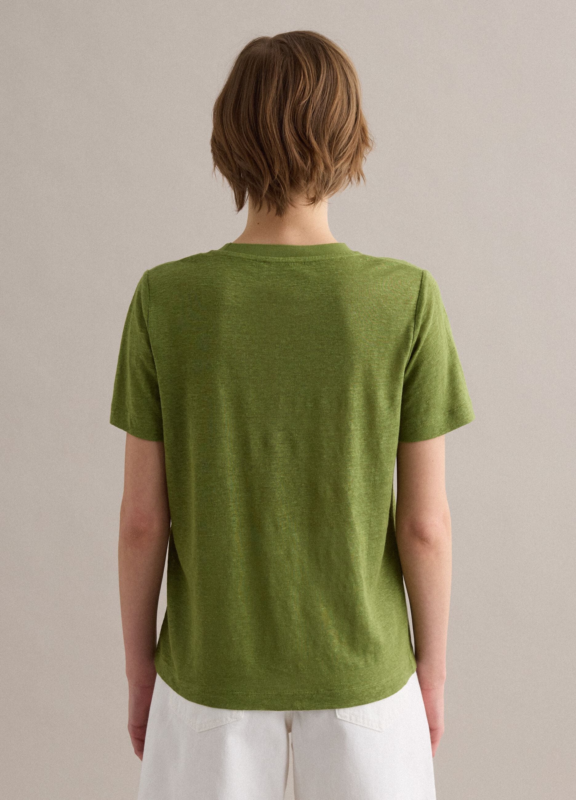 Green pure linen short-sleeve T-shirt, regular fit