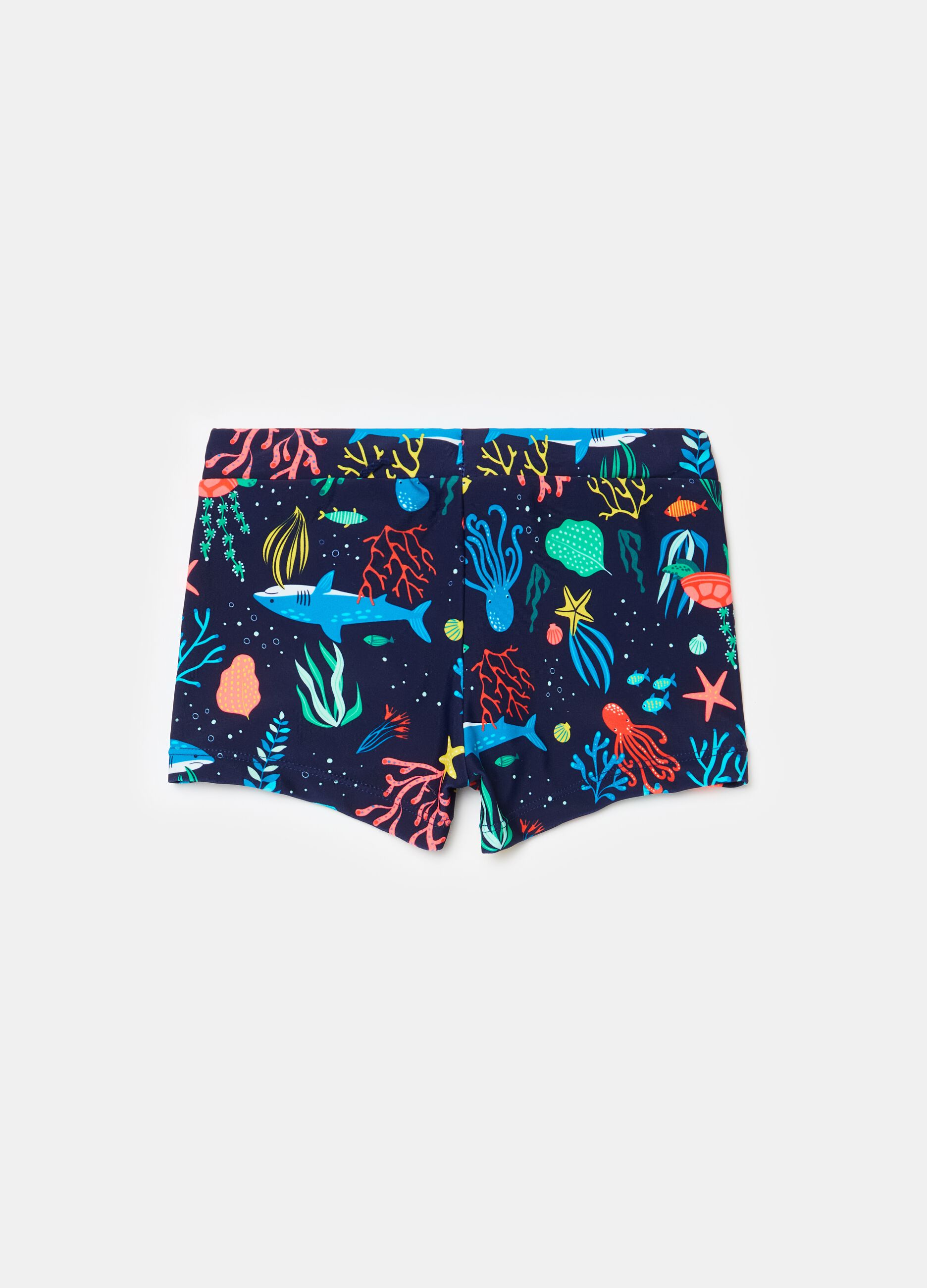 Swimming trunks with print and drawstring