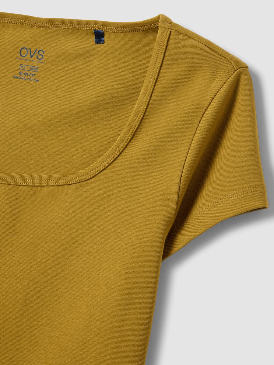 T-shirt fitted in cotone elasticizzato verde con scollo quadrato_5