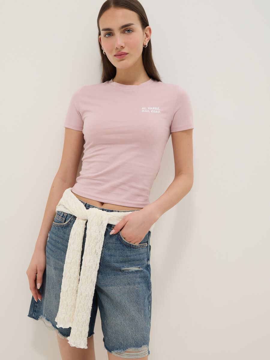 Slim fit pink pure cotton t-shirt with print_0