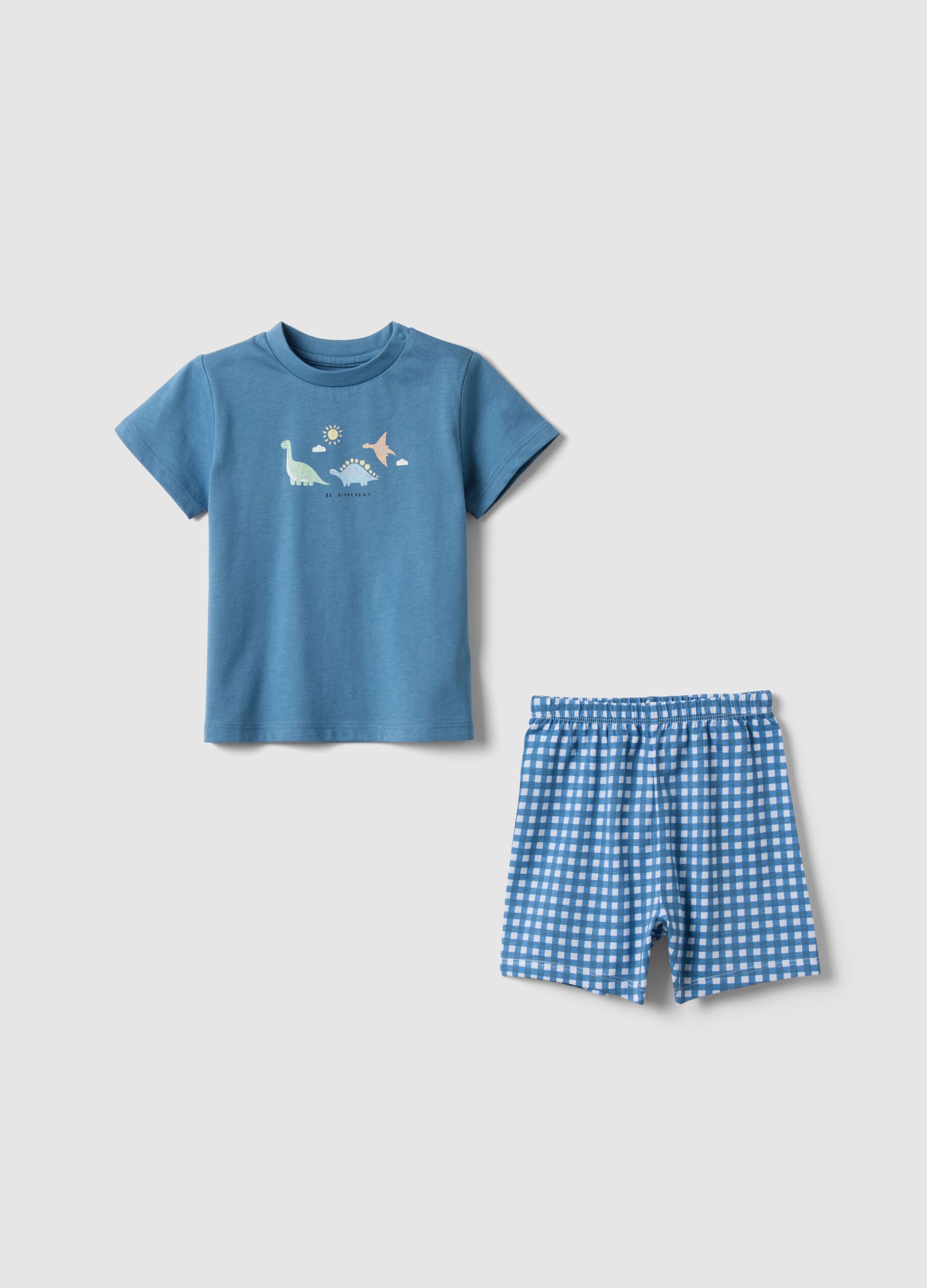 Baby's Blue Short Pyjamas in Pure Cotton with Dinosaurs