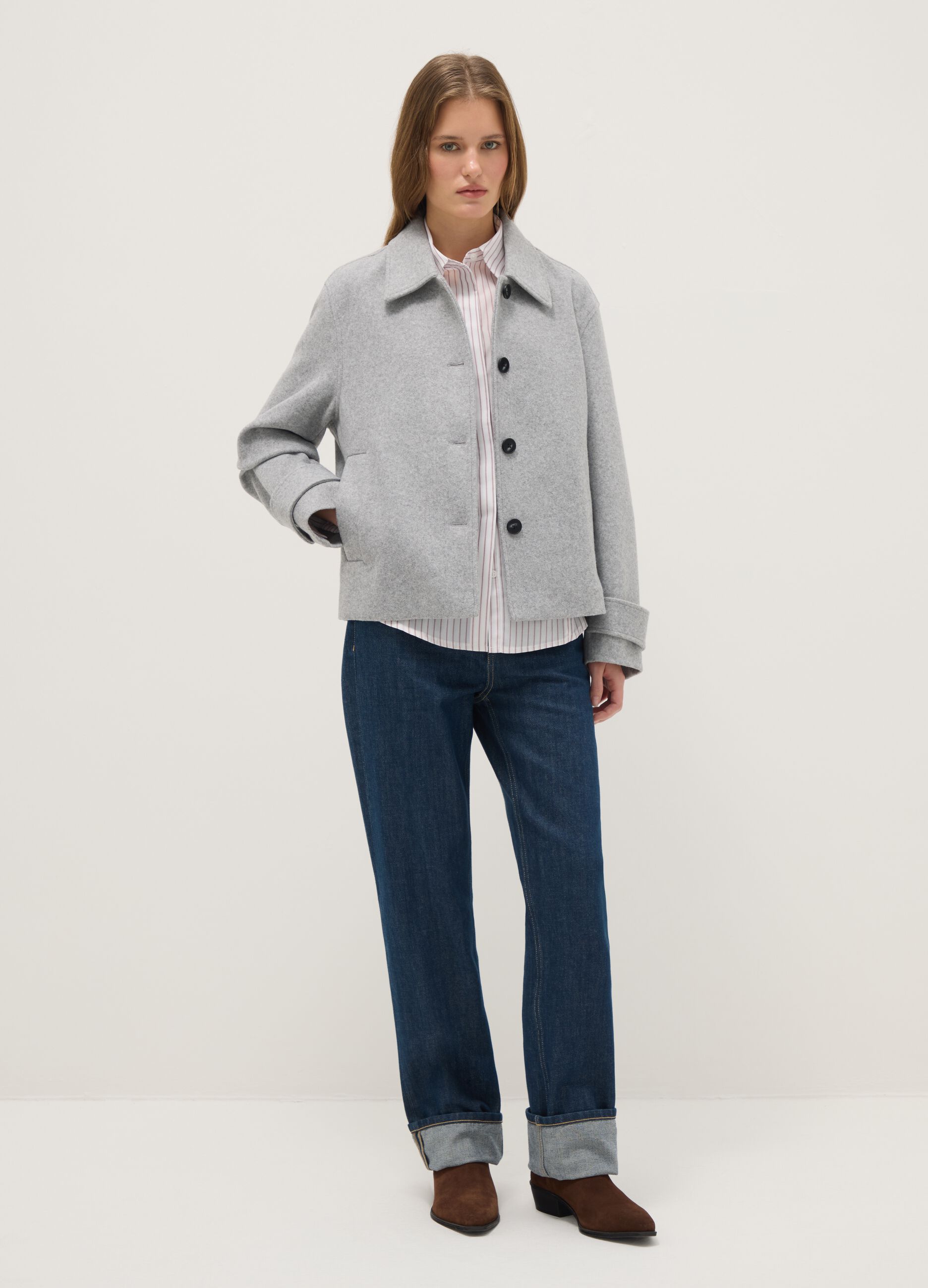 Grey regular fit short coat with buttons