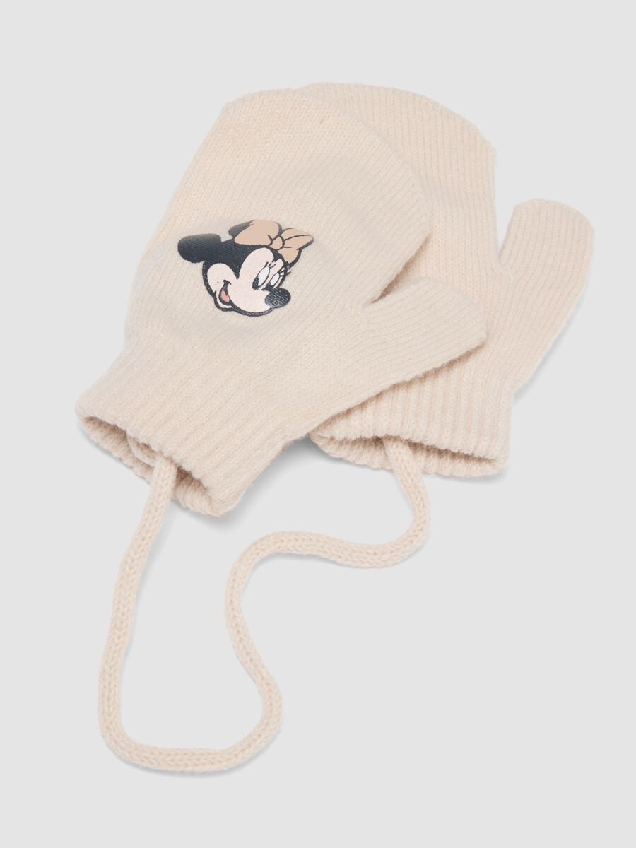Set beige in tessuto elasticizzato con cappello e muffole a tema Minnie_1