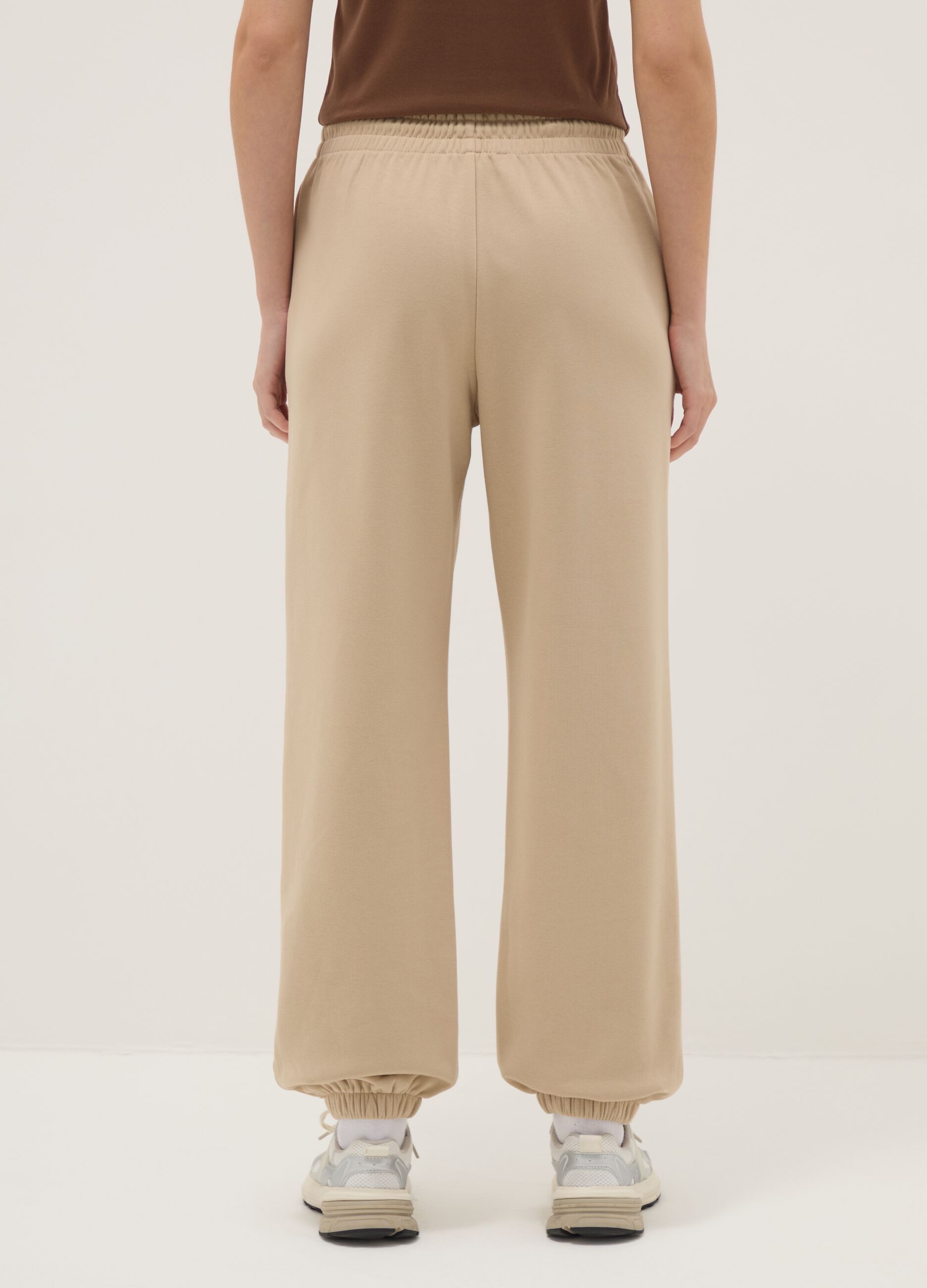 Beige cotton blend regular fit jogger trousers