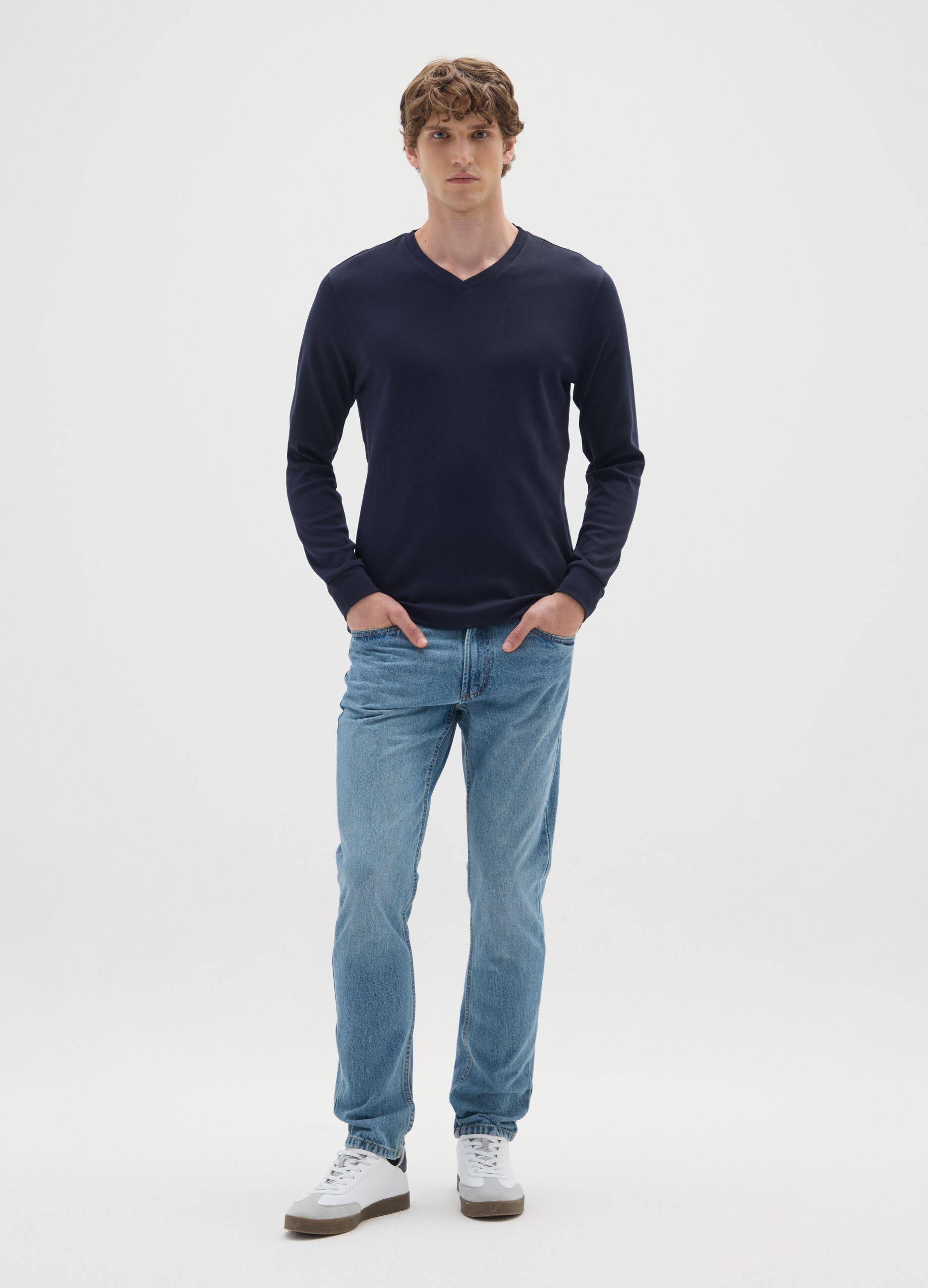 Blue long-sleeved cotton shirt