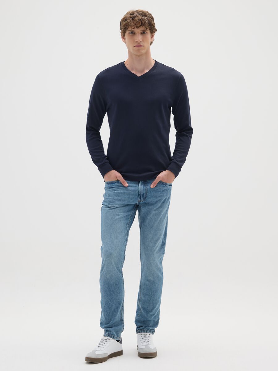 Maglia blu a maniche lunghe in cotone_1