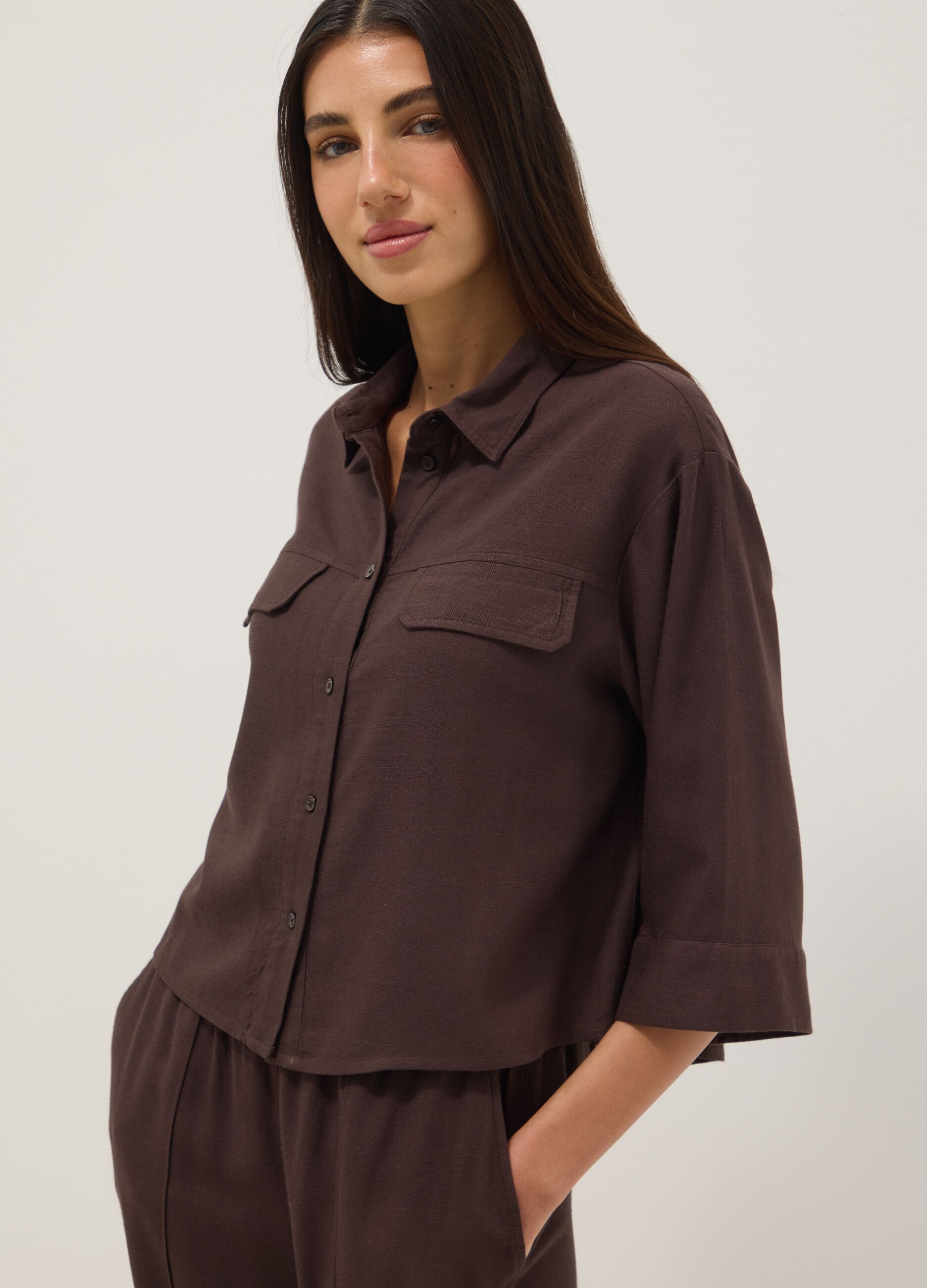 Brown viscose and linen blend shirt, regular fit