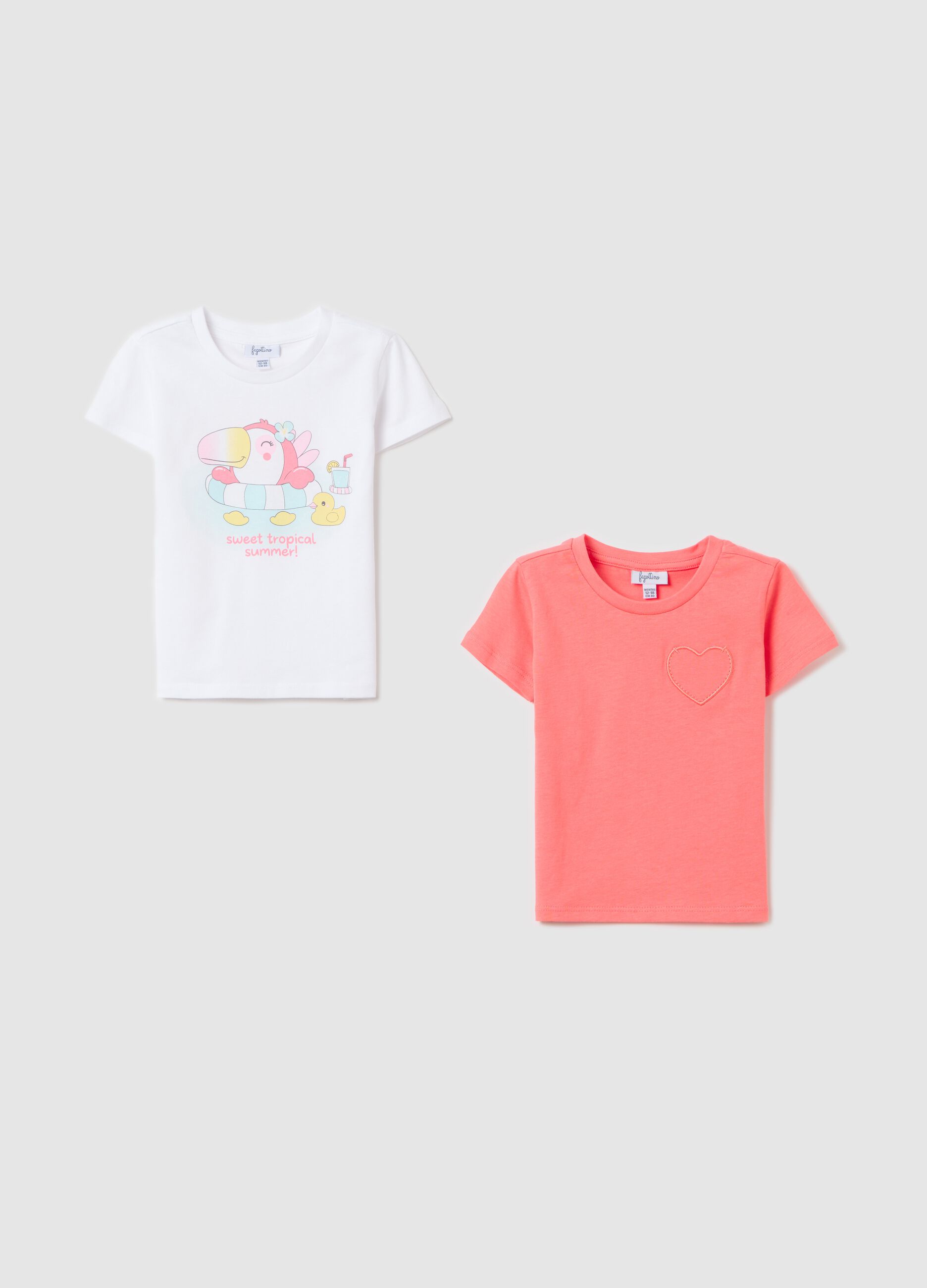 Two-pack white and pink T-shirts in cotton with print and embroidery