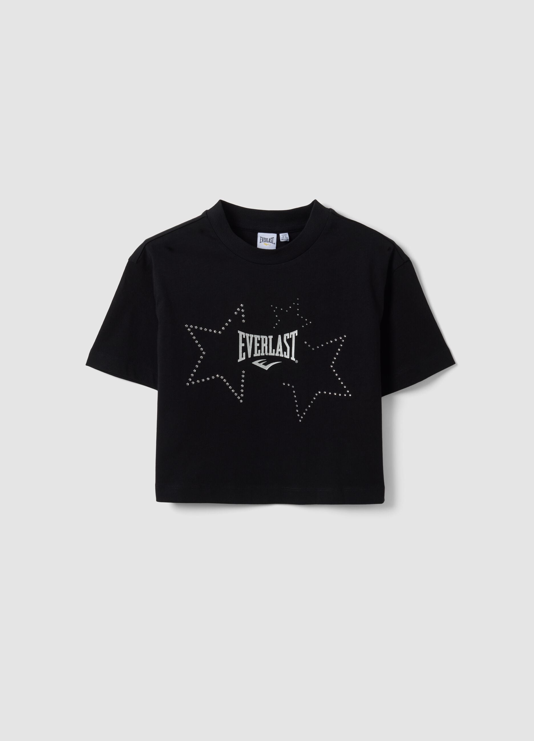T-shirt nera cropped in puro cotone con stelle applicate per ragazza