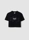 T-shirt nera cropped in puro cotone con stelle applicate per ragazza_0