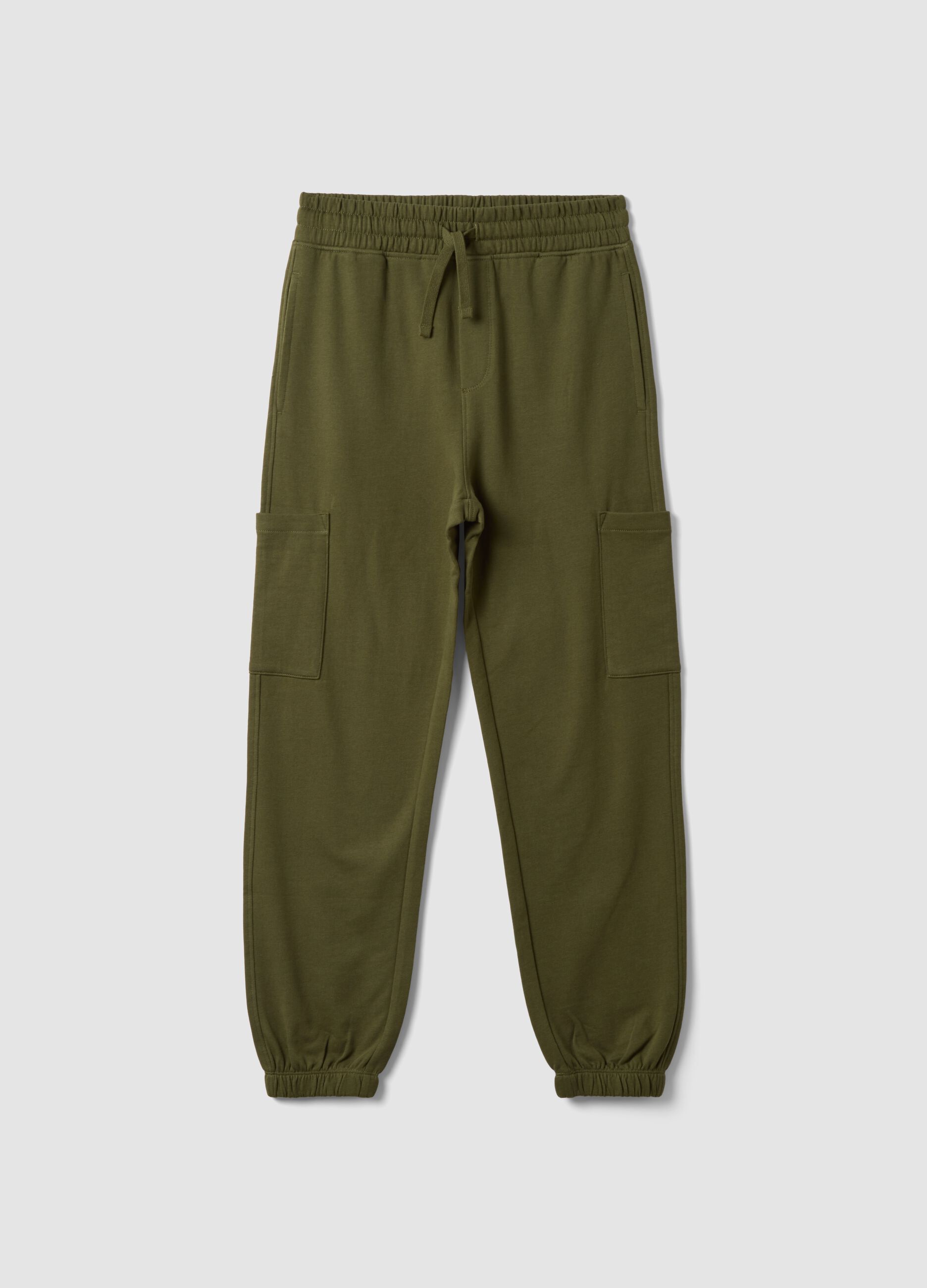 Green pure cotton relaxed cargo jogger trousers for boys