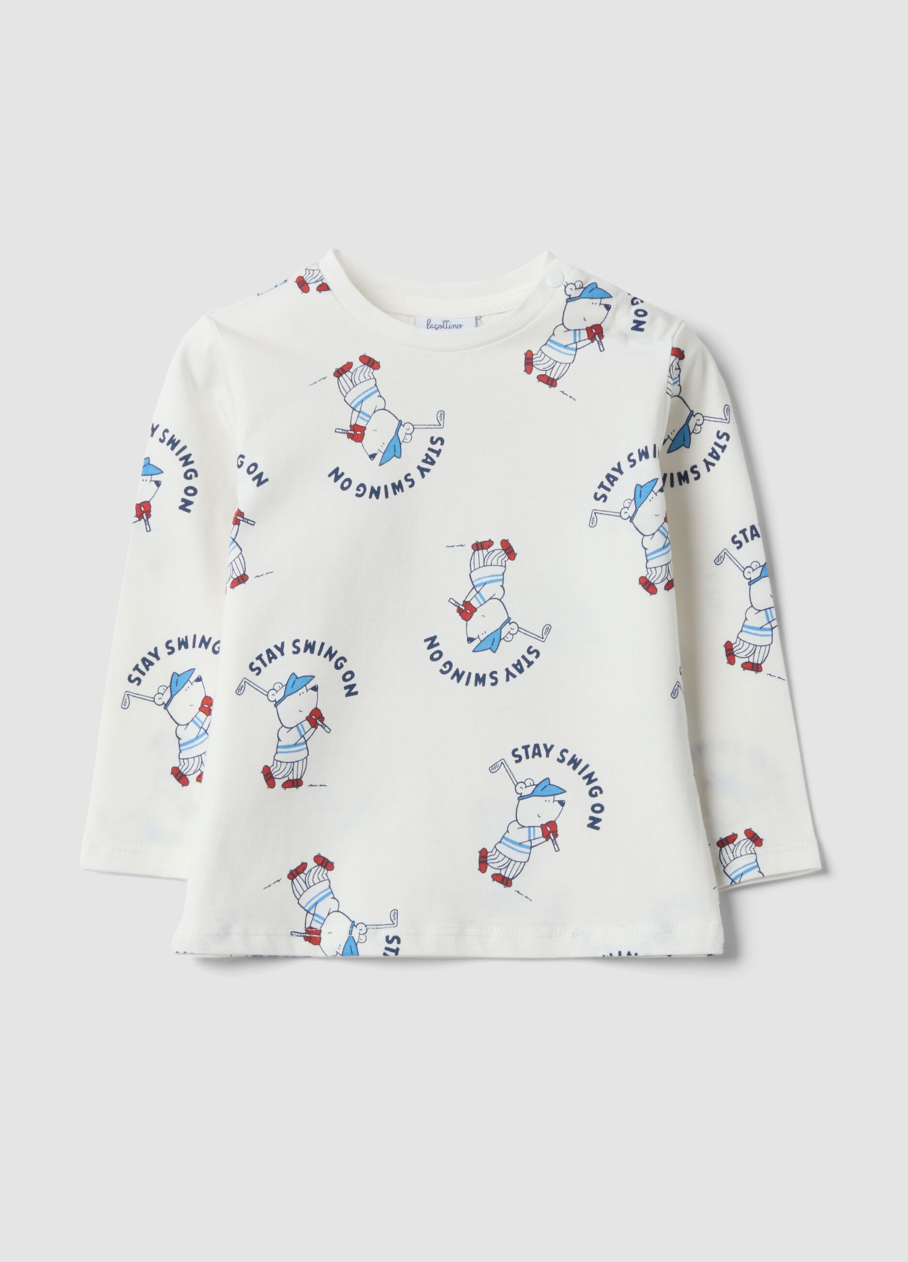 White pure organic cotton T-shirt with teddy bear print