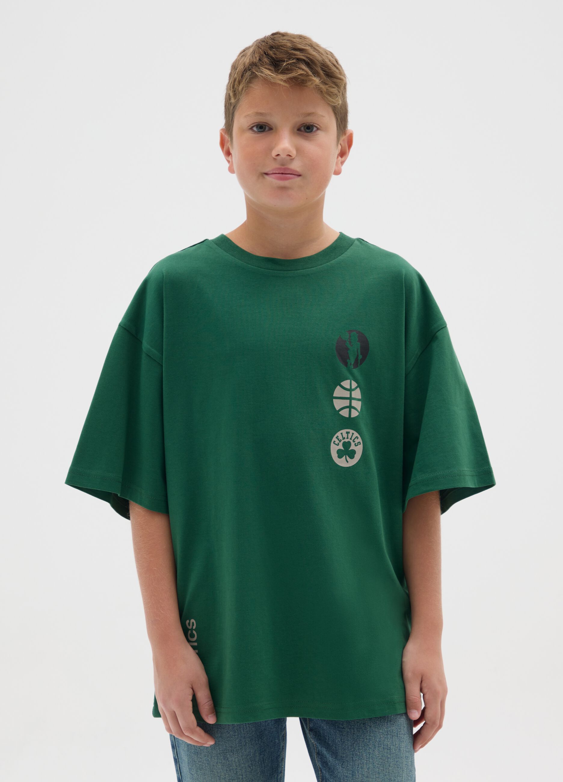 Children's green pure cotton T-shirt regular fit with Boston Celtics print