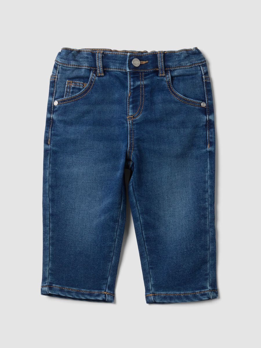 Jeans denim blu scuro in cotone elasticizzato regular fit per bimbo_0