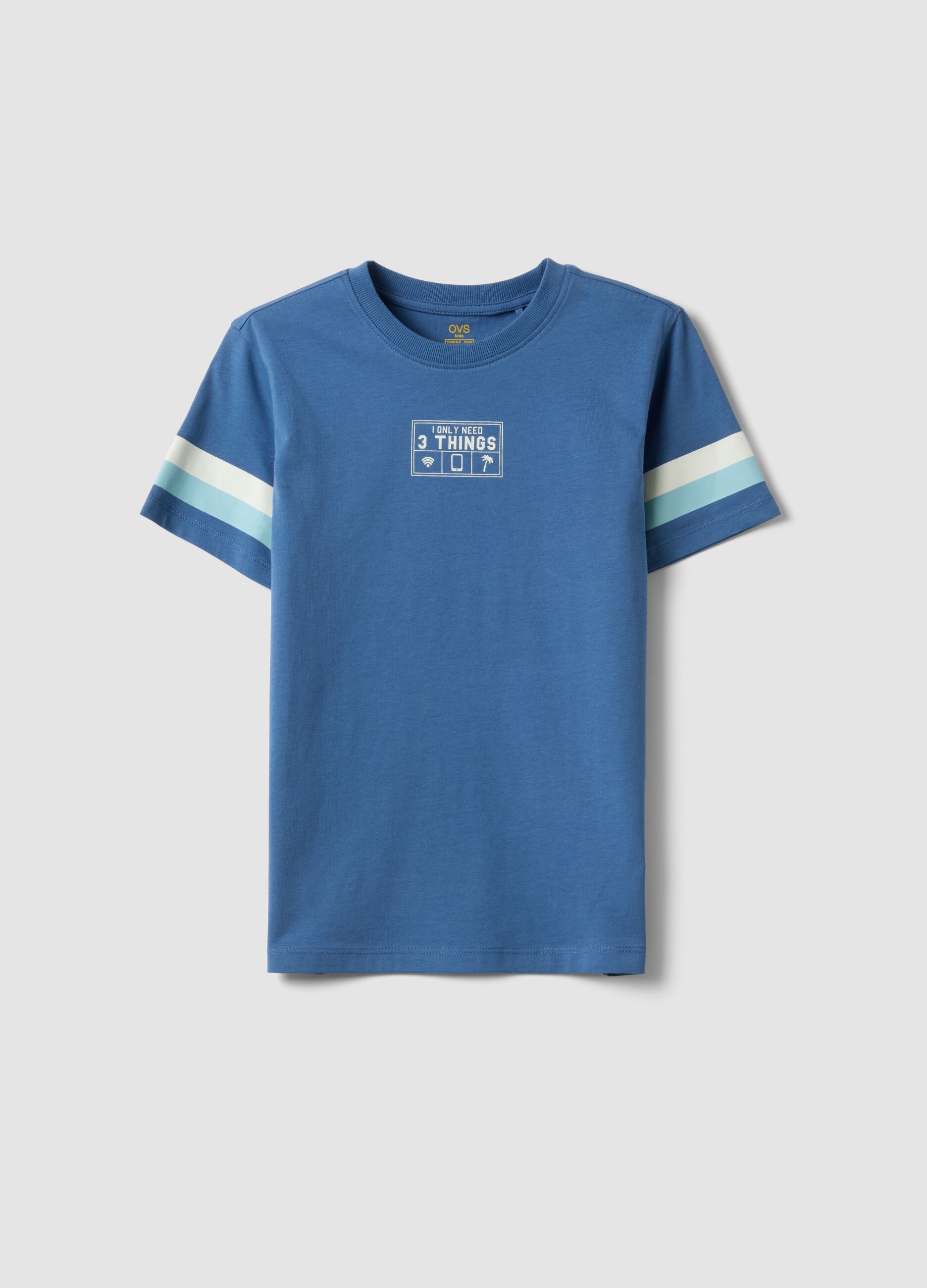 Blue pure cotton boys&rsquo; T-shirt with striped sleeves