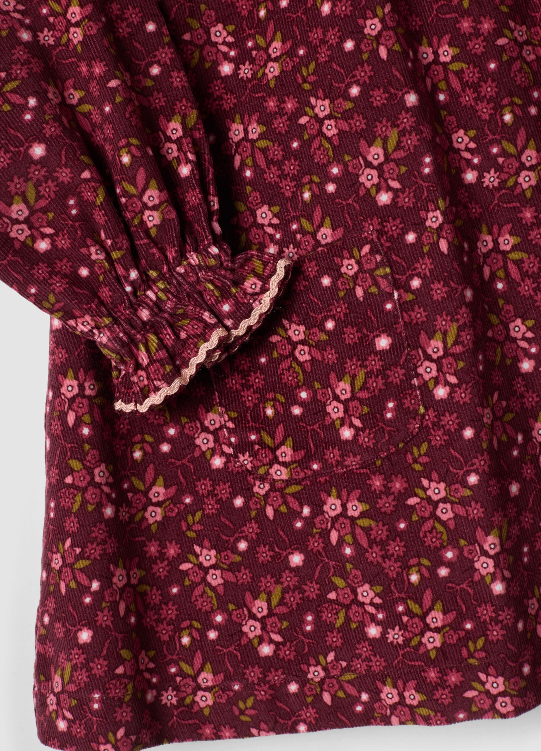 Burgundy red floral pure cotton crew-neck dress, regular fit