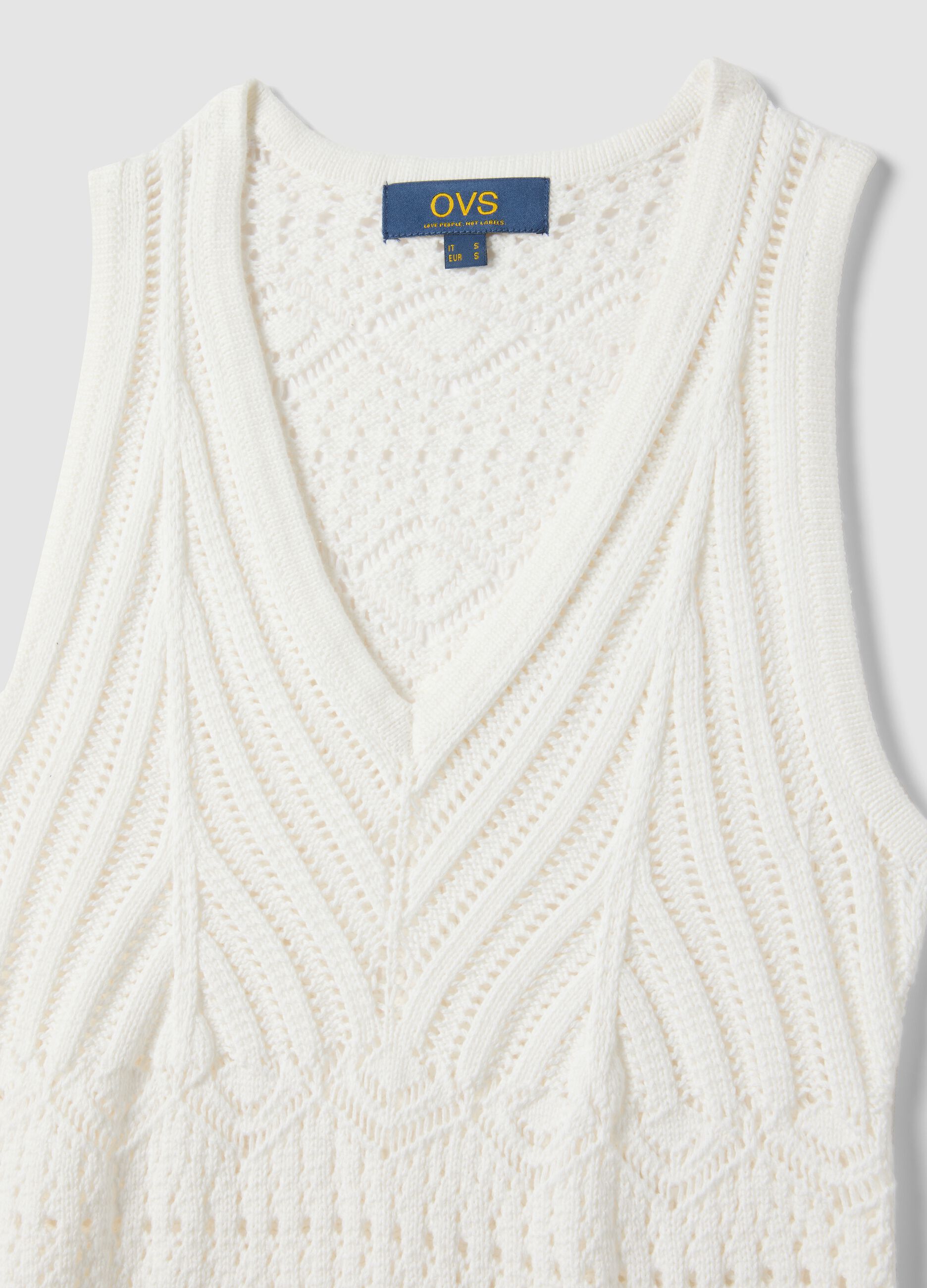 White pure cotton slim-fit dress with broderie detail and deep V-neck