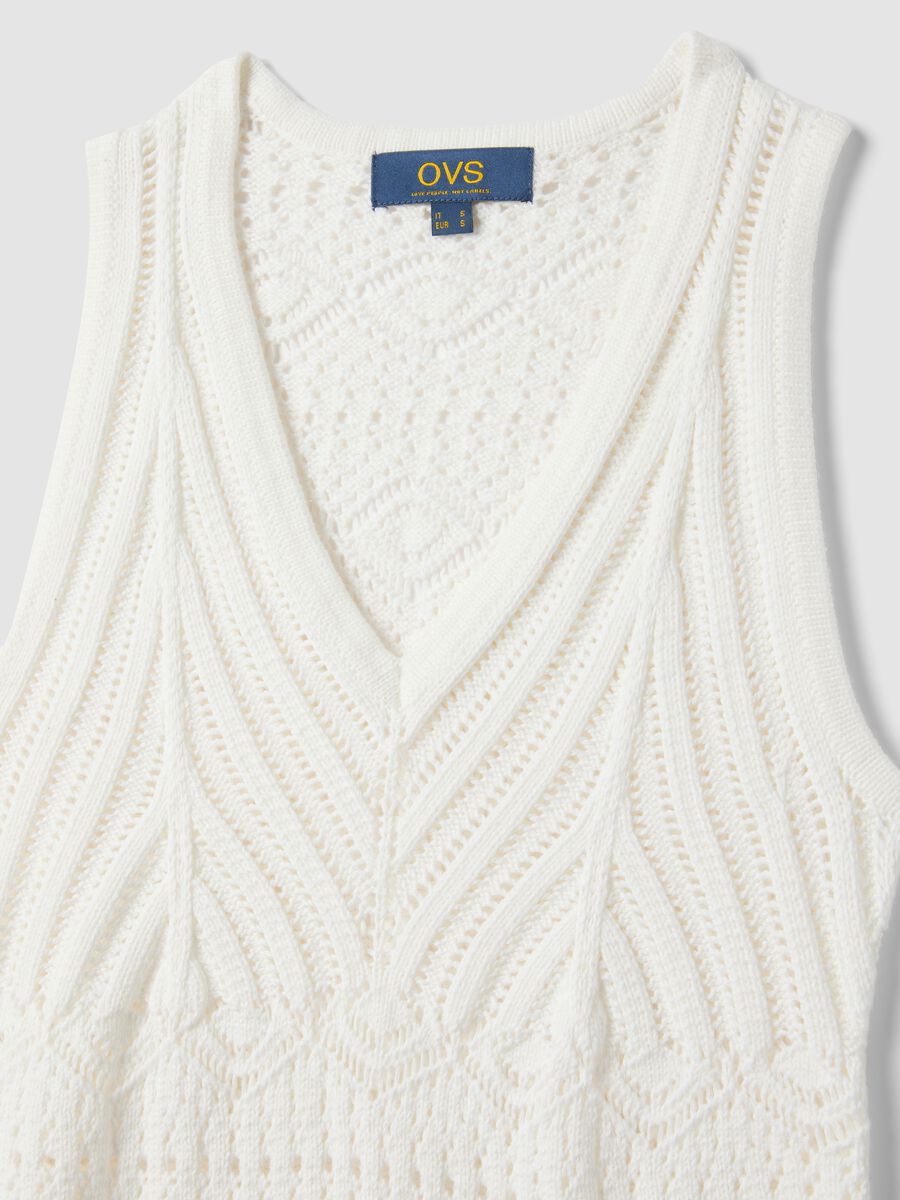 Vestito in puro cotone bianco slim fit con design traforato deep V_5