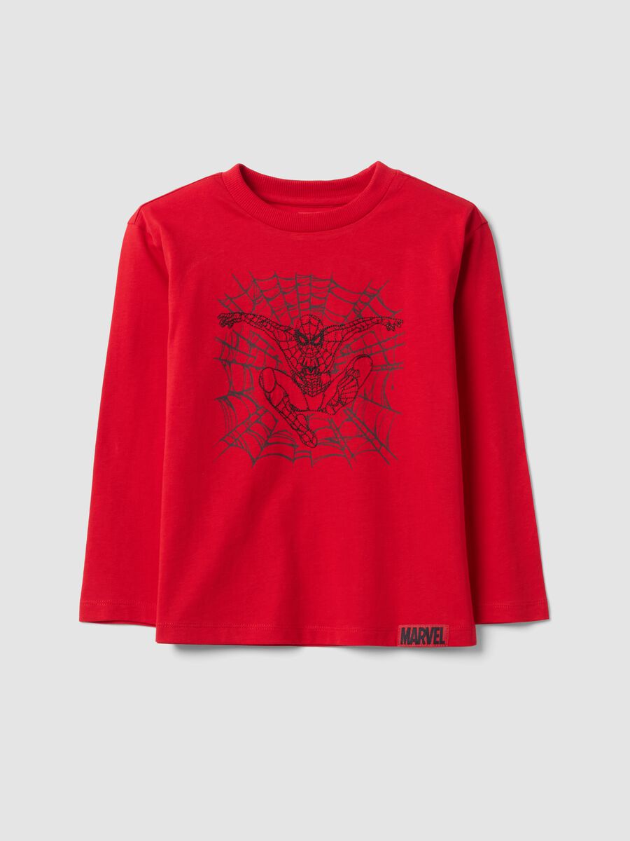 T-shirt rossa a maniche lunghe in puro cotone con stampa Spider-Man per bambino_0