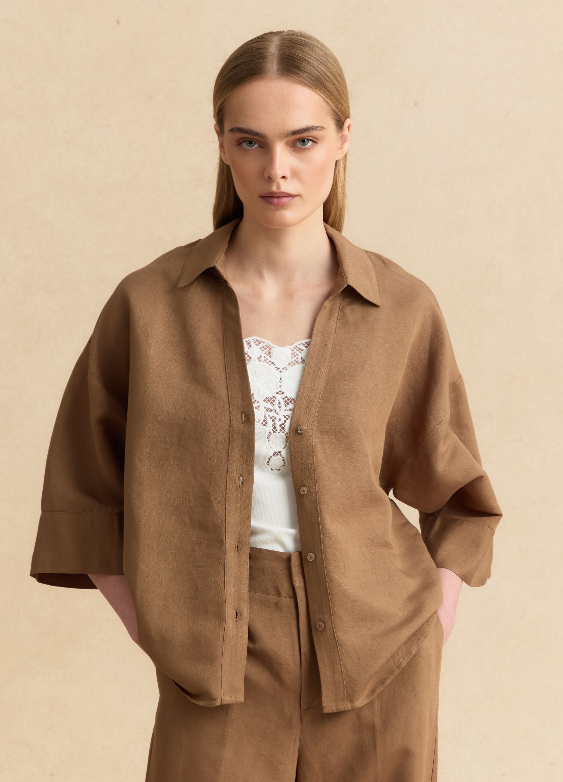 Brown linen and viscose-blend shirt