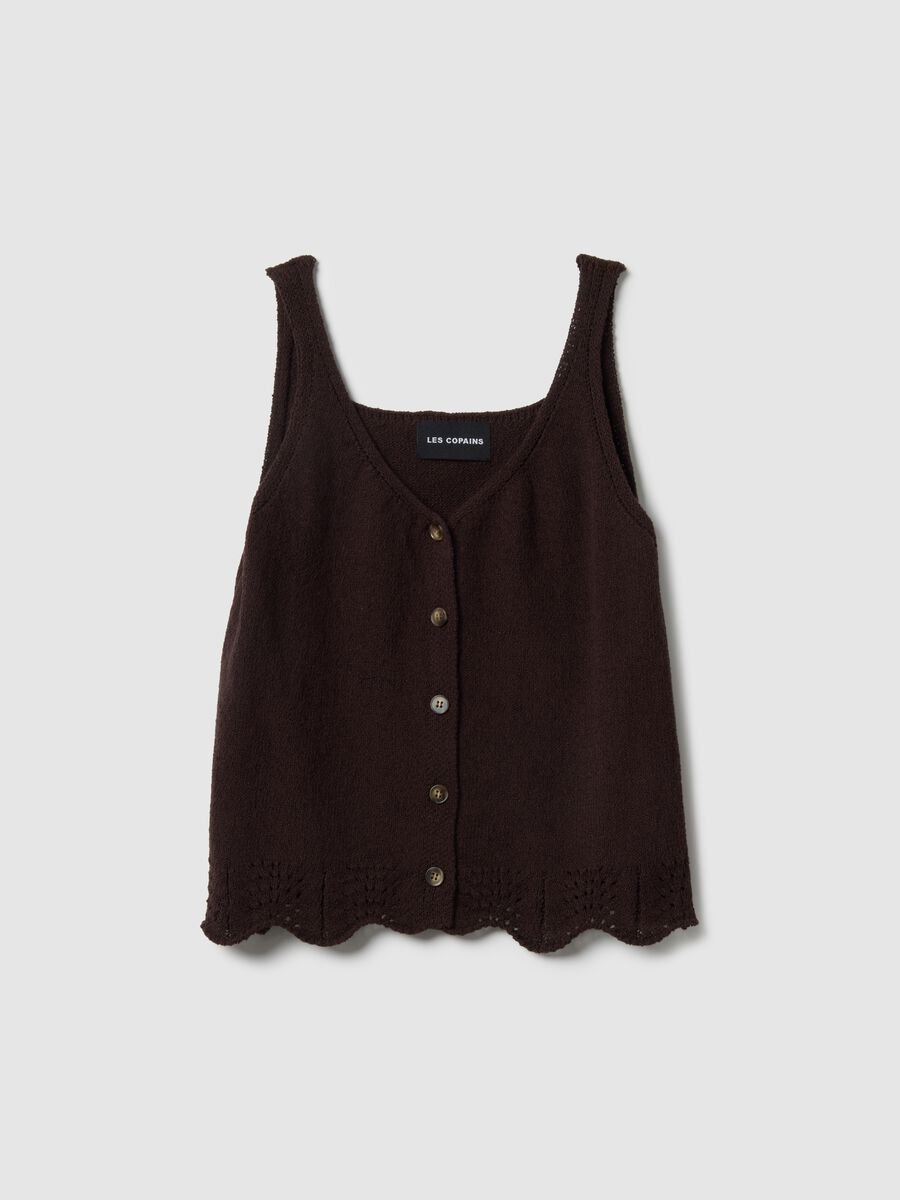 Brown cotton blend regular fit tank top with buttons_4