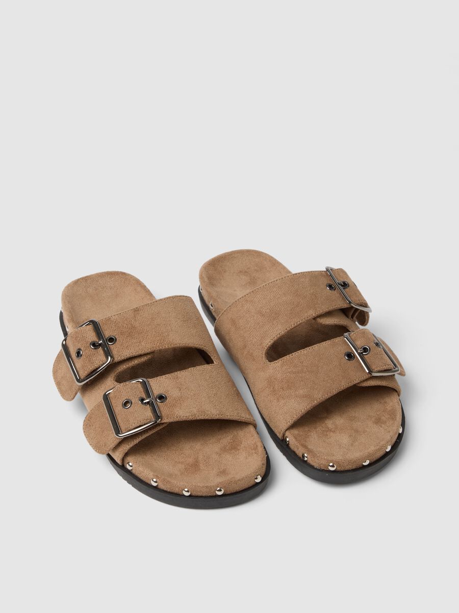 Beige genuine leather sandals with buckles and metallic details_1
