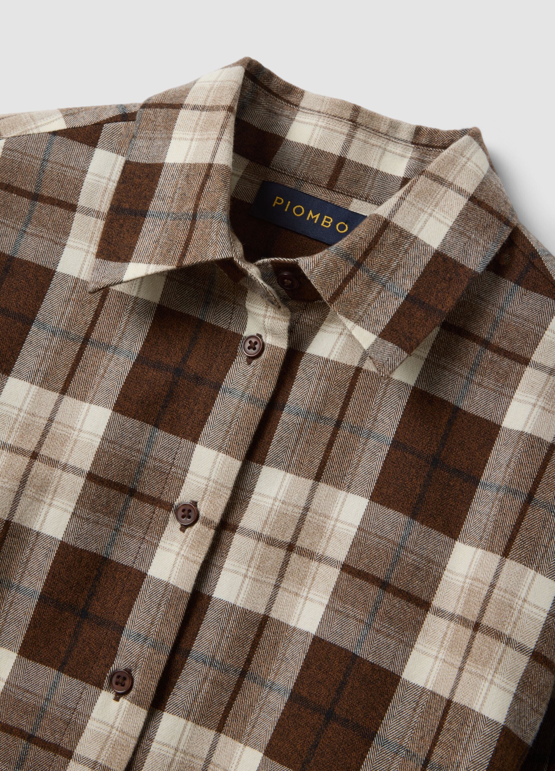 Camicia marrone a quadri in flanella di puro cotone regular fit