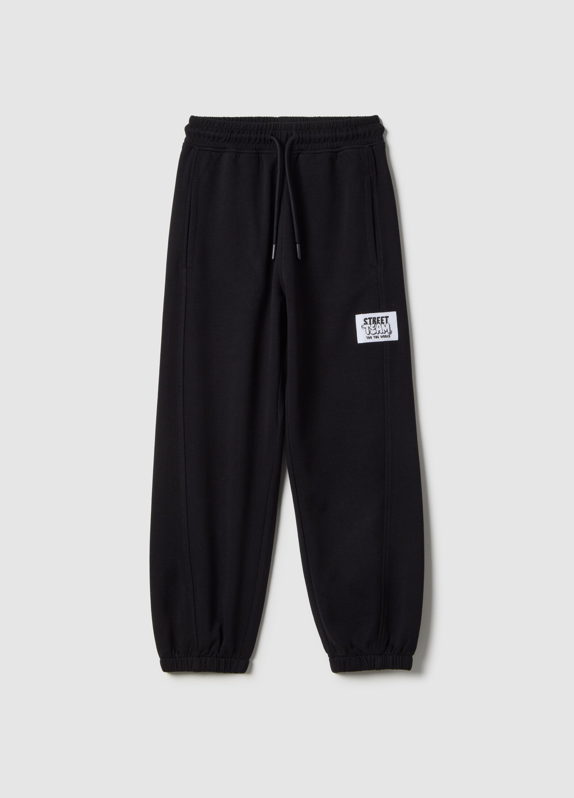 Children's black pure cotton jogger trousers regular fit with patch