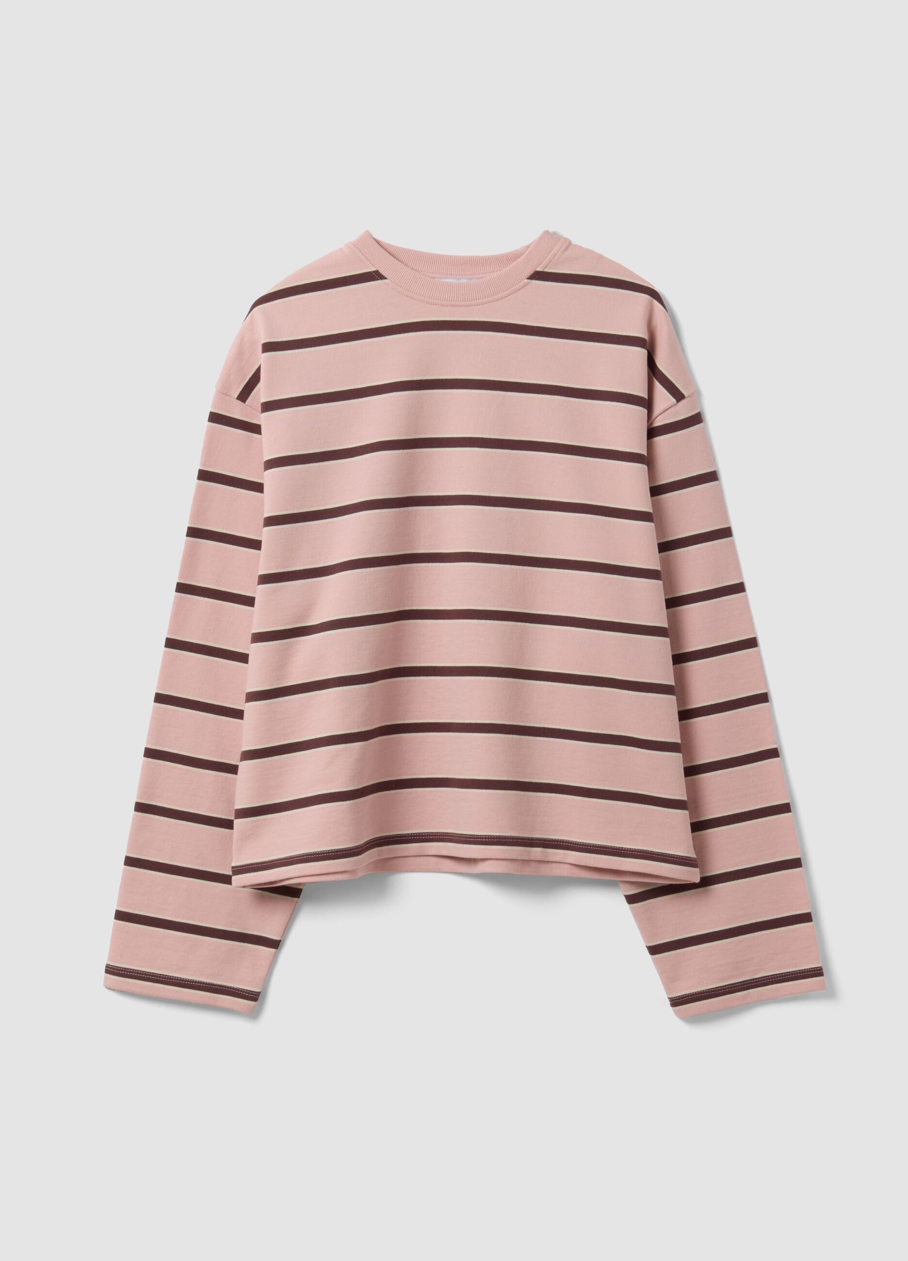 Pink pure cotton striped sweatshirt with crew neck, relaxed fit